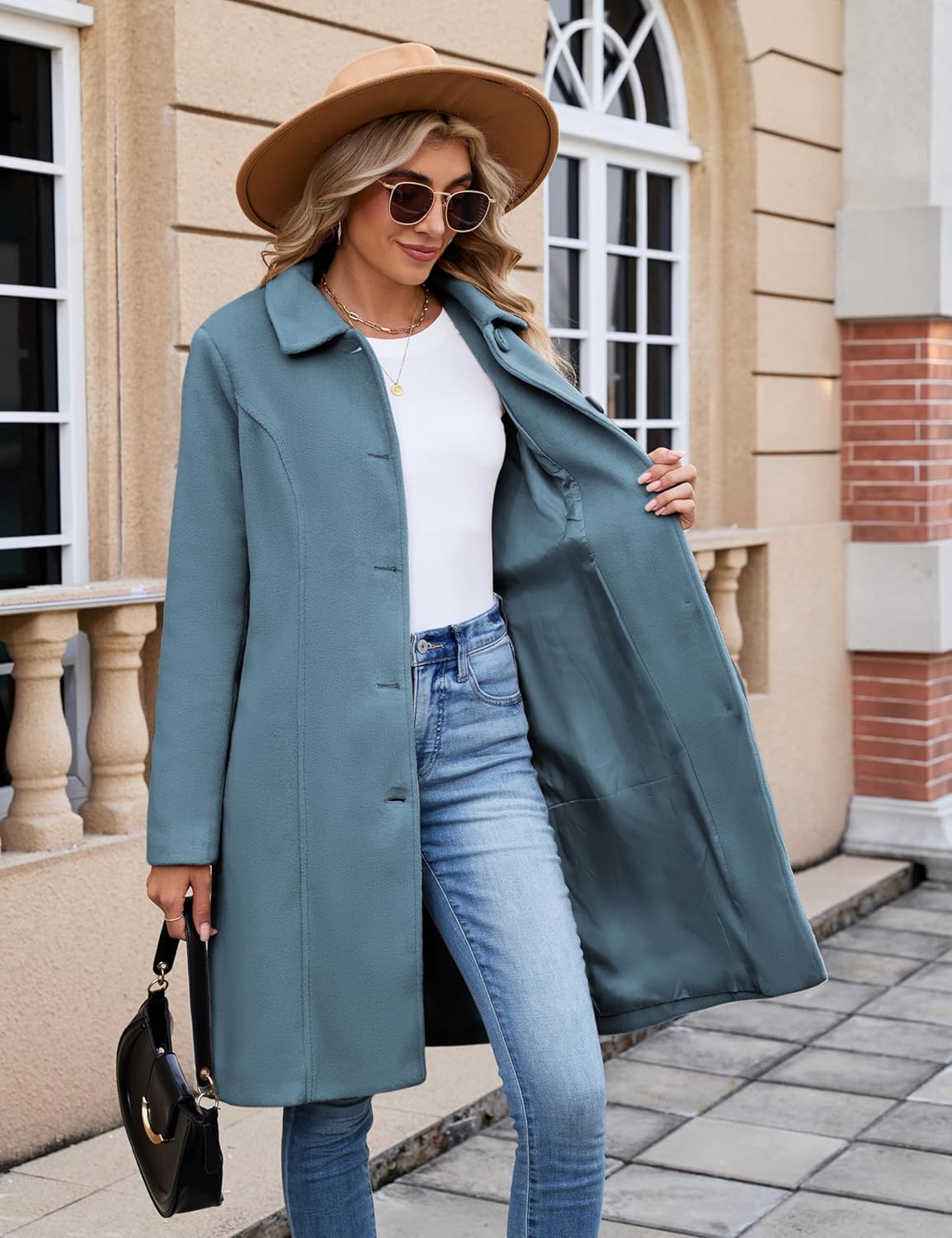 UANEO Womens Peacoat Faux Wool Blend Single Breasted Long Trench Coat Dress Overcoat Winter with Pockets - Image 4