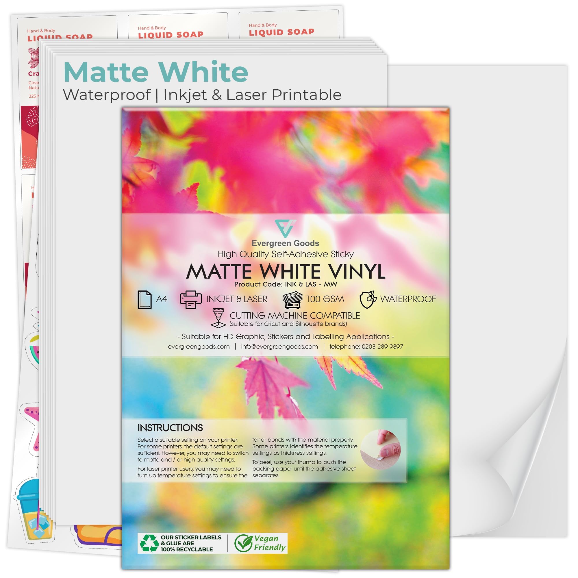 Evg White Evergreen Goods 200 Sheets A4 Waterproof Vinyl Sticker Paper,Self-Adhesive Matte Pvc Sticker Sheets, 200 Gsm, Inkjet & Laser Printable, Perfect For Custom Labels & High-Resolution Stickers