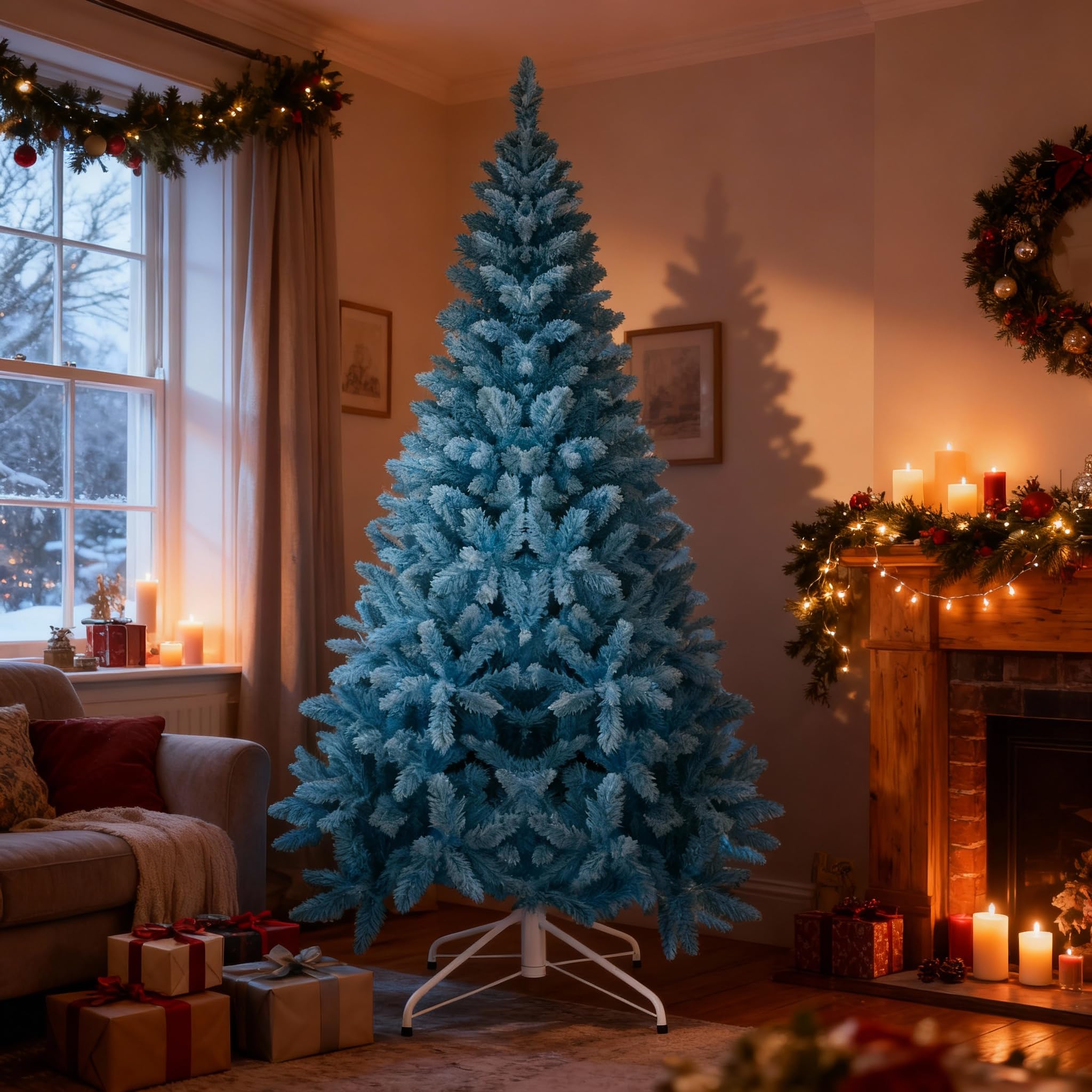 Sapin de Noël Artificiel floqué Bleu de 2,1 m avec Support en métal Pliable 1084 Branches articulées pour décoration de Maison