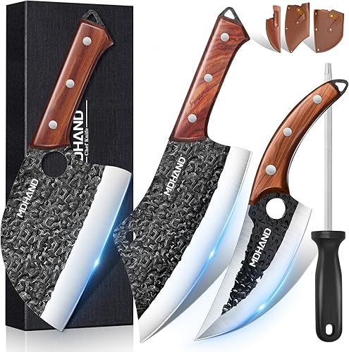 MDHAND Juego de cuchillos de carnicero, 8 cuchillos de chef forjados a mano con caja de regalo, cuchillo de corte de carne para cocina, cuchillos