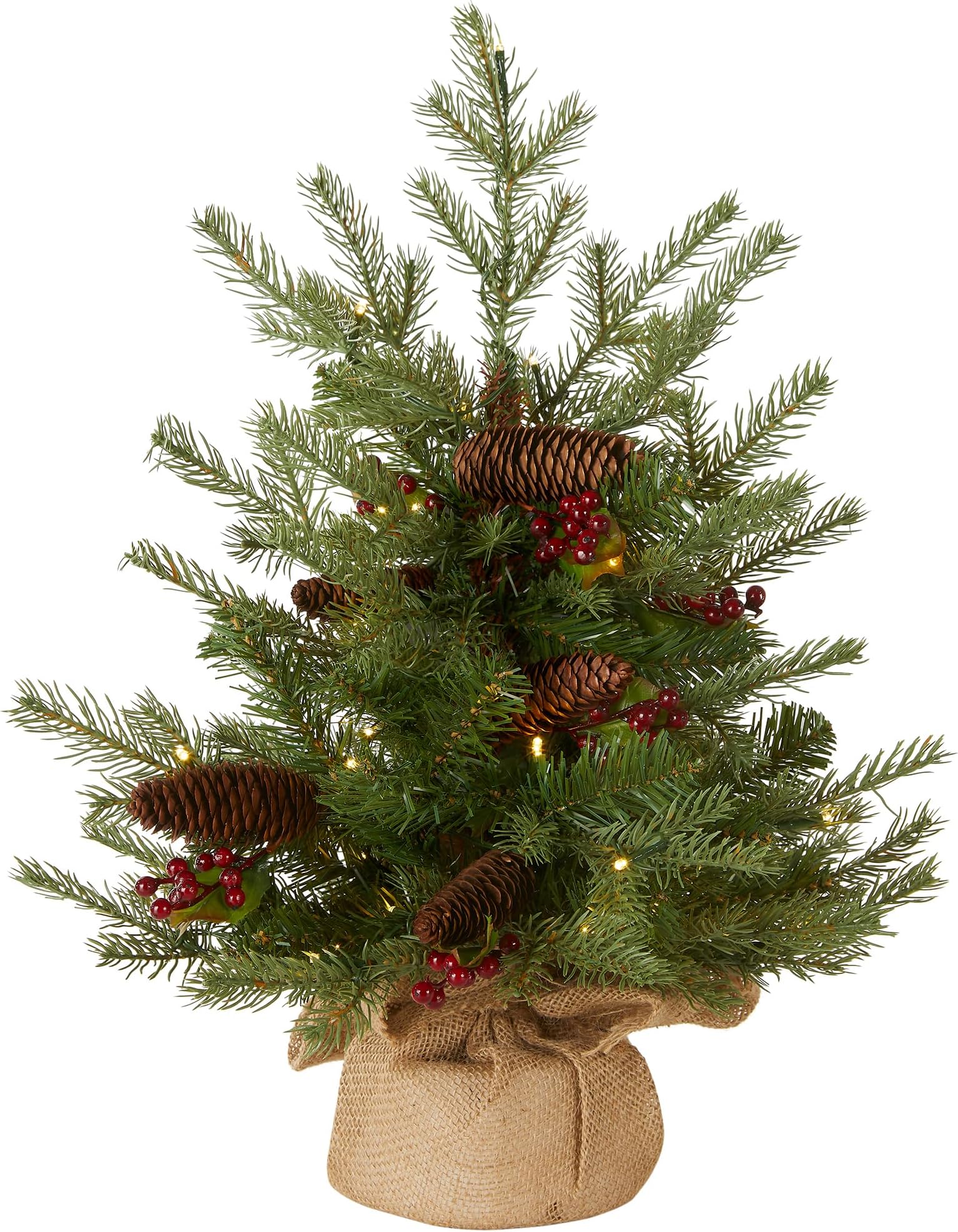 Pre-Lit 'Feel Real' Artificial Mini Christmas Tree, Green, Nordic Spruce, White Lights, Flocked with Pine Cones, Red Berries, Includes Burlap Bag Base, 3 Feet