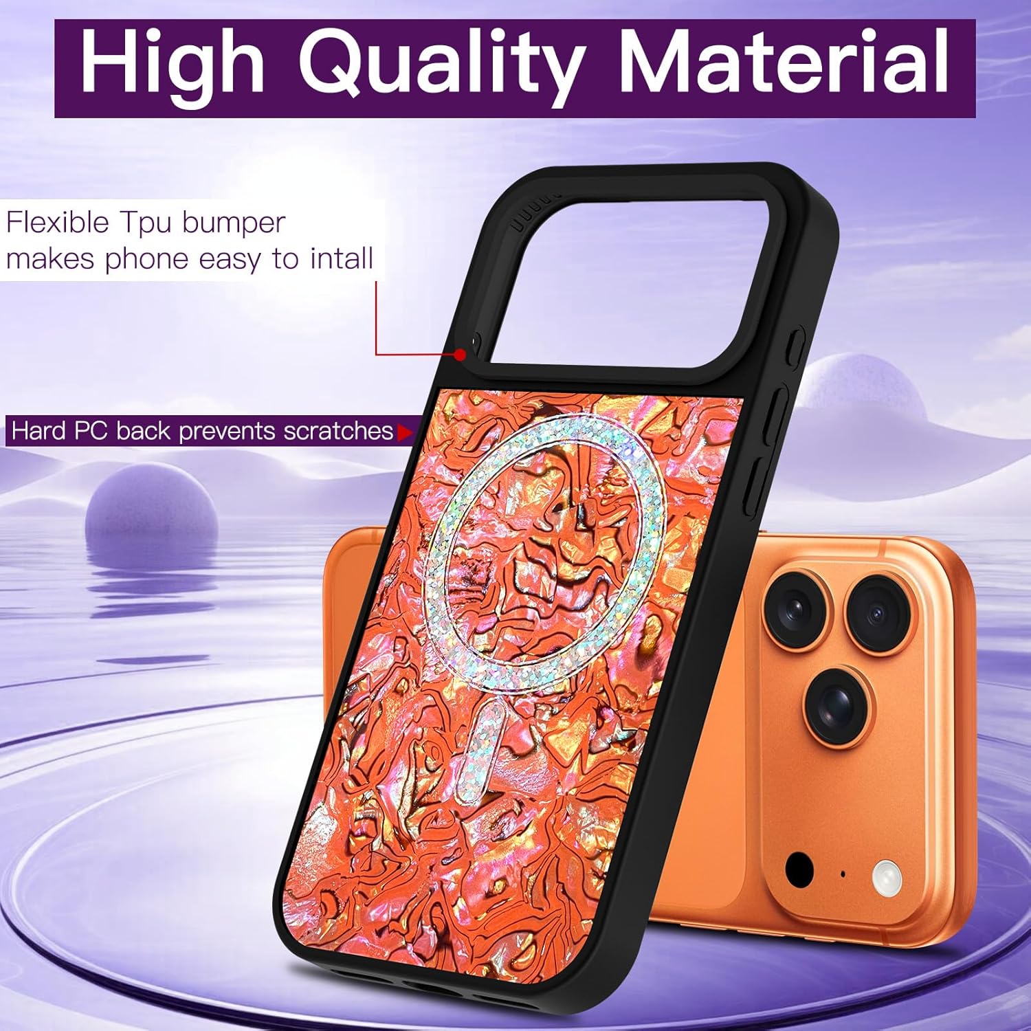 LSL Case for iPhone 17 Pro [Compatible with MagSafe] Sparkle Abalone Pearl Pattern Design Soft TPU Buper Hard PC Shockproof Anti-Drop Protective Slim Magnetic Iridescent Cover - Orange