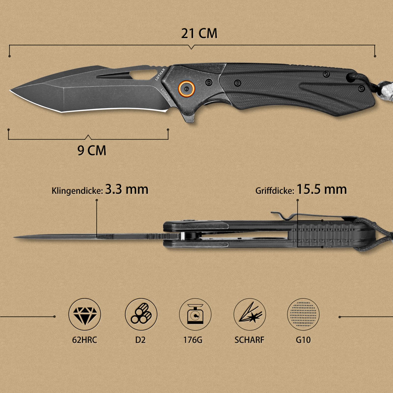 LOTHAR LICH KING Couteau Pliant de Poche en Acier D2 avec Manche en G10 Idéal pour Camping et Survie, Cadeau pour Homme, Couteau de Poche Pratique et Portable | Couteau à poignée G10 - Couteau d'extérieur pour camping et survie - Couteau pliant - Cadeau p