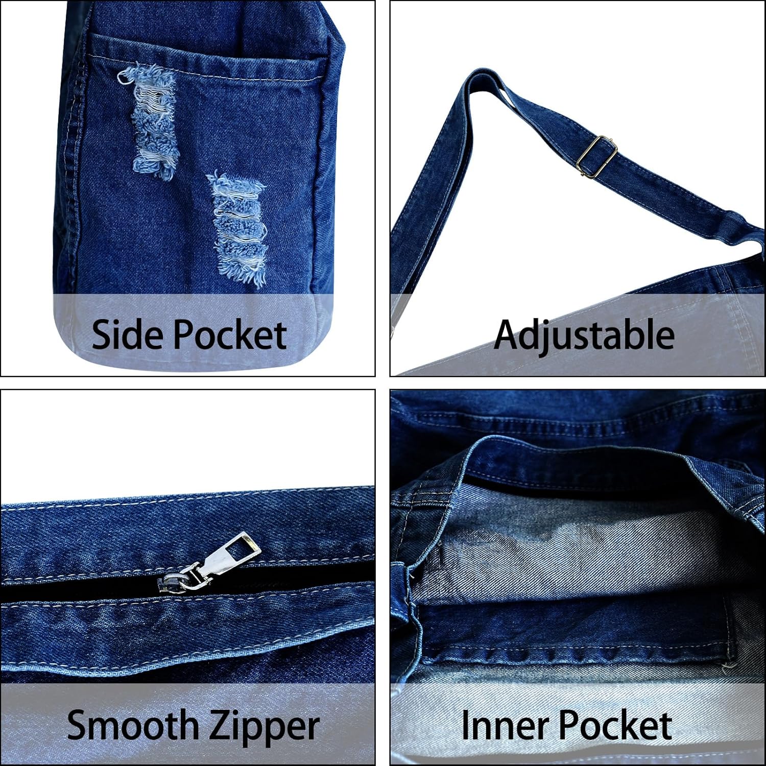 Womens Denim Tote Bag with Adjustable Strap Lightweight Casual Denim Crossbody Purses for Travel