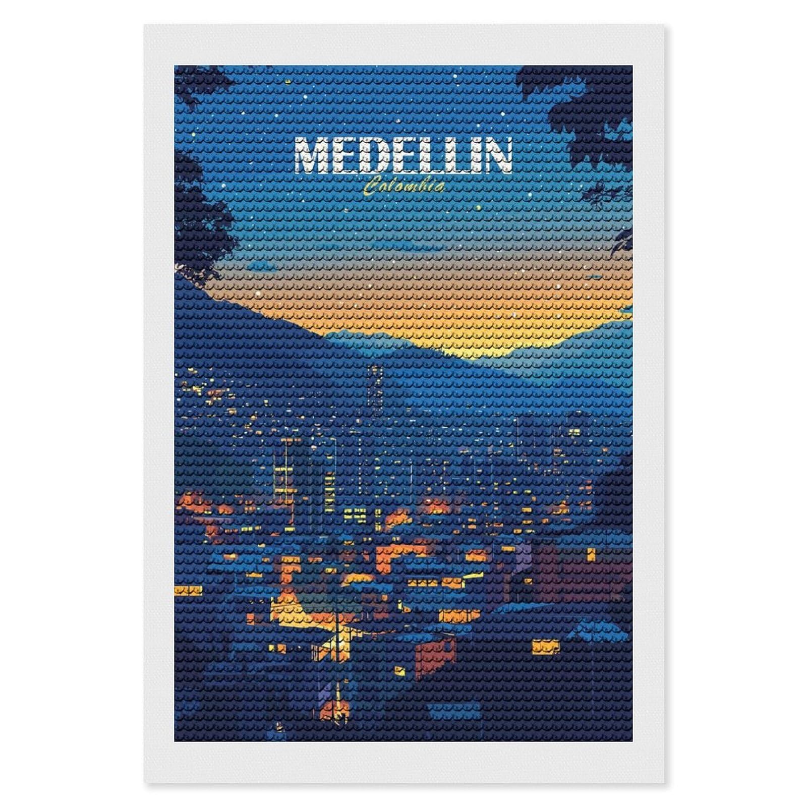 Junmoney Medellin Colombia Cityscape at Night DIY Diamond Art Canvas Kit 8"x12", Farmhouse Decor, Vintage Style Decor, Handmade Wall Decor, Canvas Picture