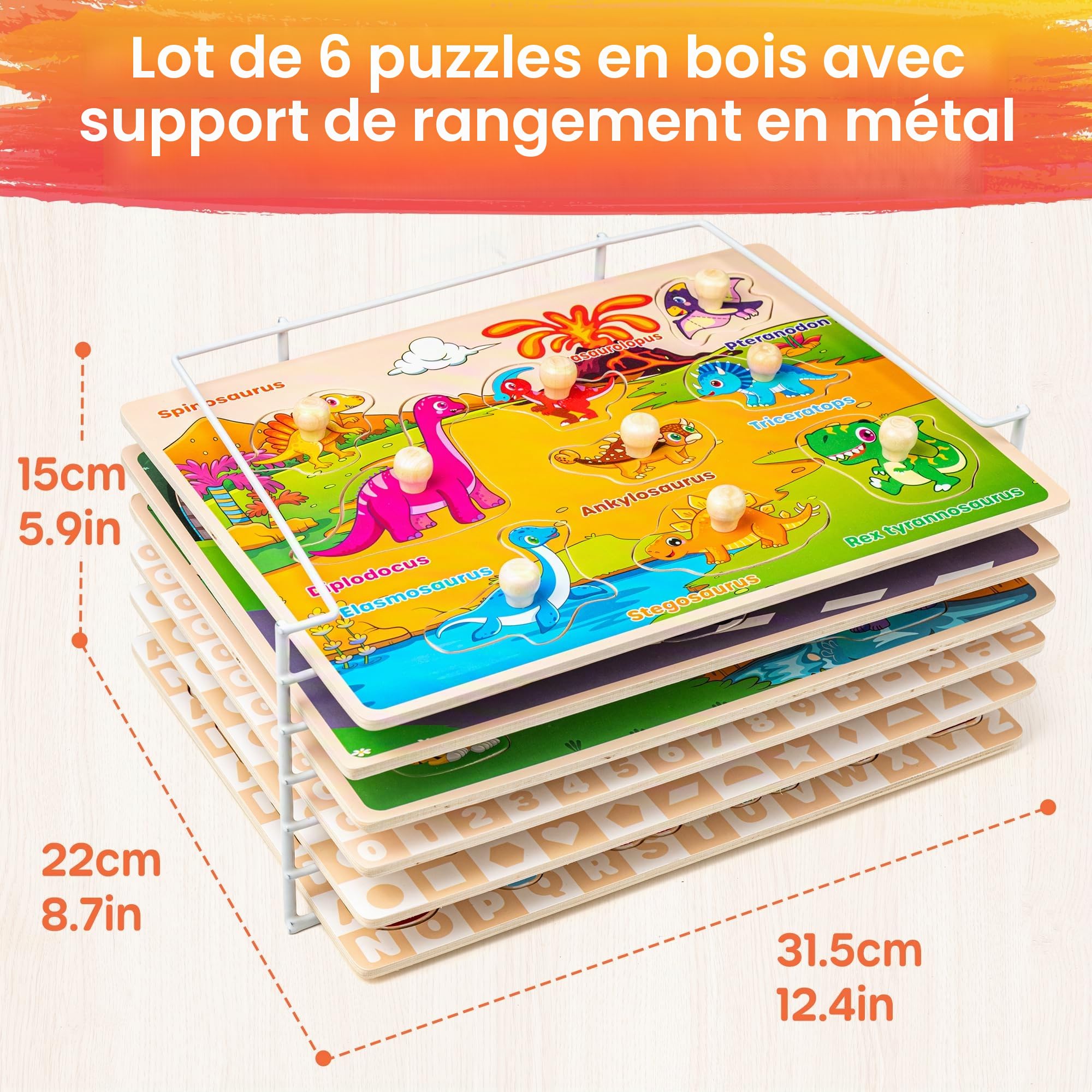 SYNARRY Puzzle en Bois Enfant 1 2 3 Ans, 6 pcs Jeux Puzzles Bébé, Jouet Éducatif d'éveil Montessori pour Garçons Filles, Alphabet Nombre Forme Véhicules Dinosaure Animal Apprendre des Cadeaux de Jeu