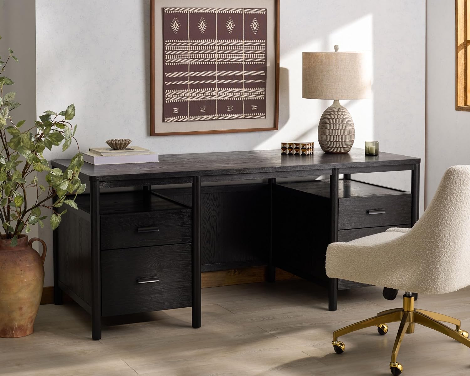 SAFAVIEH Couture Collection - Jaylessa Black Wood 4-Drawer Desk, Modern Storage Writing Table with Metal Accents (SFV4230B)