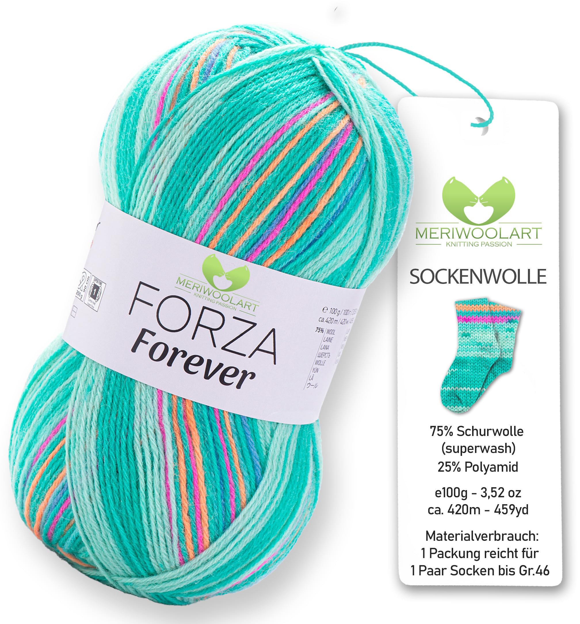 MeriWoolArt® Sock Yarn with 4 Threads, 100g Merino Wool Yarn for Knitting & Crocheting, 75% Virgin Wool (superwash)