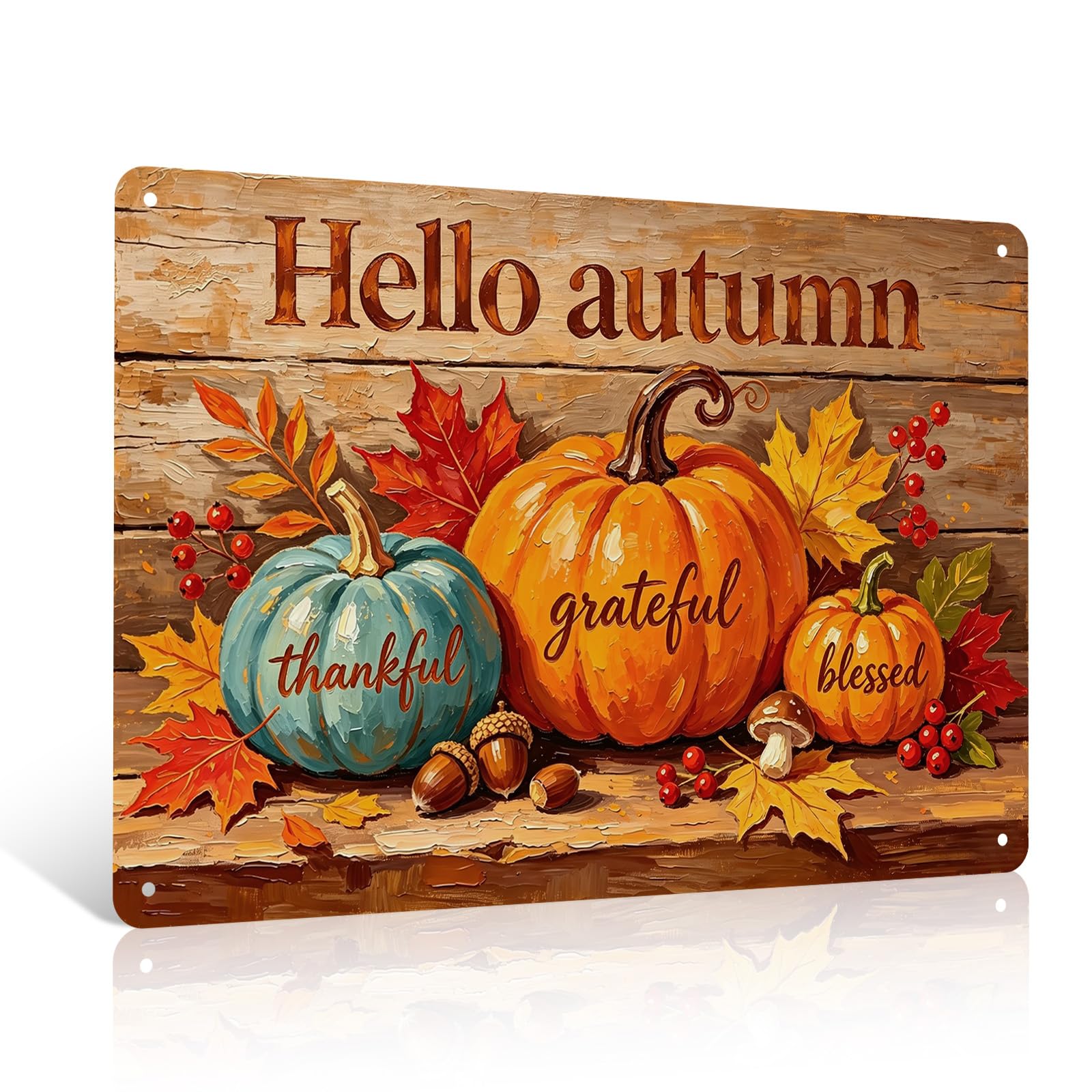 Ulord Hello Autumn Pumpkin Thankful Grateful Blessed Hello Autumn Pumpkin Metal Signs 8"X12" Thanksgiving Wall Art Decor