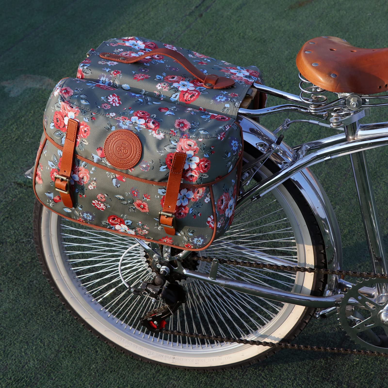 TOURBON wasserdichte Segeltuch-Fahrrad-Hinterradtasche für Fahrrad, Gepäck, Aufbewahrung, Sitz, Kofferraumträger (Blumenmuster)