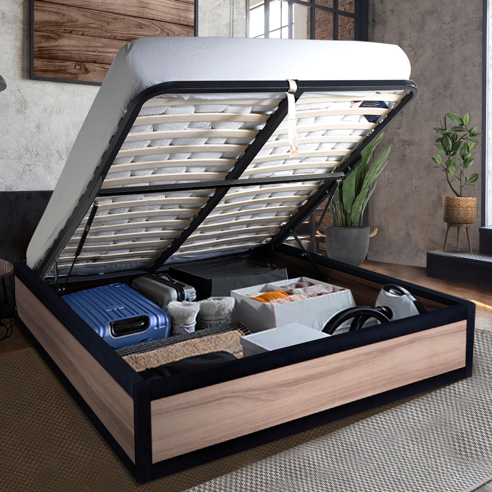SAMPUR - Lit Coffre Style Industriel et sommier à Lattes | Espace de Stockage XXL | Robuste et Large Angle d’Ouverture (Bois Clair, 140x190 cm)