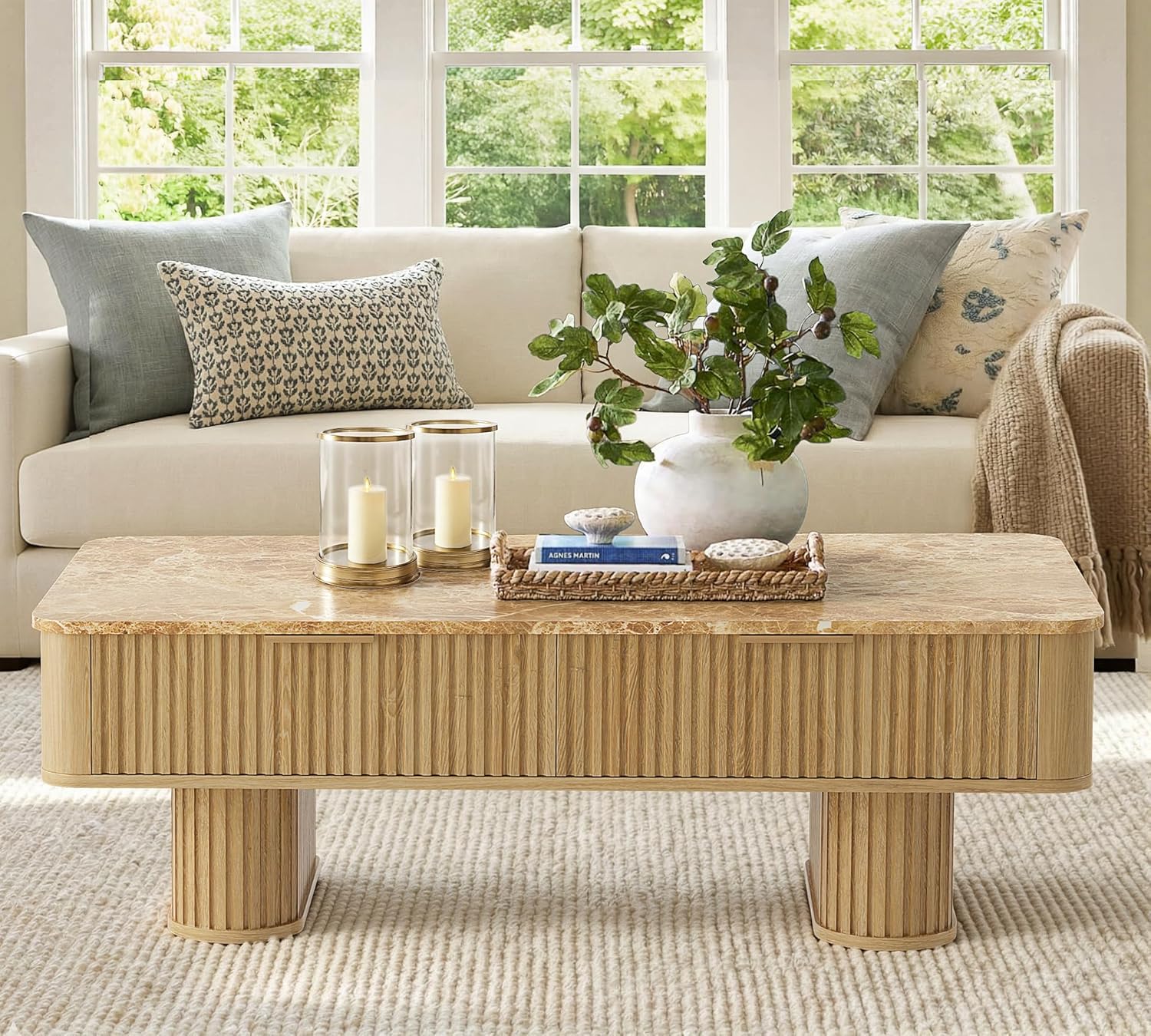 win2win Fluted Coffee Table with Storage, Boho Modern Coffee Table with Faux Marble Top, Minimalist Rectangle Center Table with Sculptural Pedestal Legs & Drawers for Living Room, Office, Oak