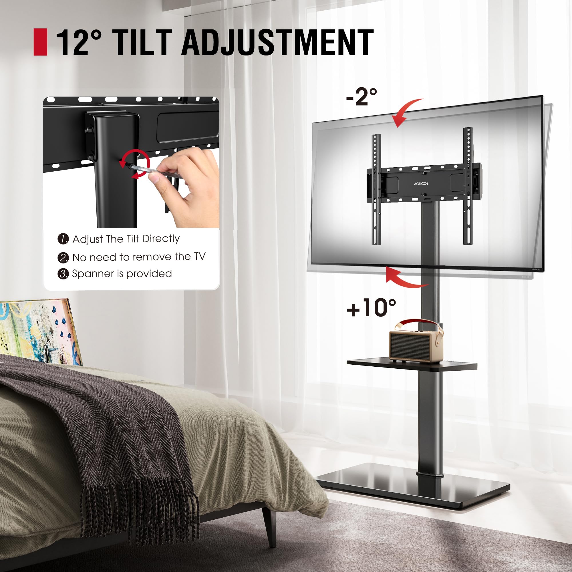 Soporte de TV de suelo con giro de 60 grados, soporte de suelo para televisores de 32 a 65 pulgadas de hasta 88 libras con inclinación, soporte de TV alto ajustable de altura de 8 niveles con 2