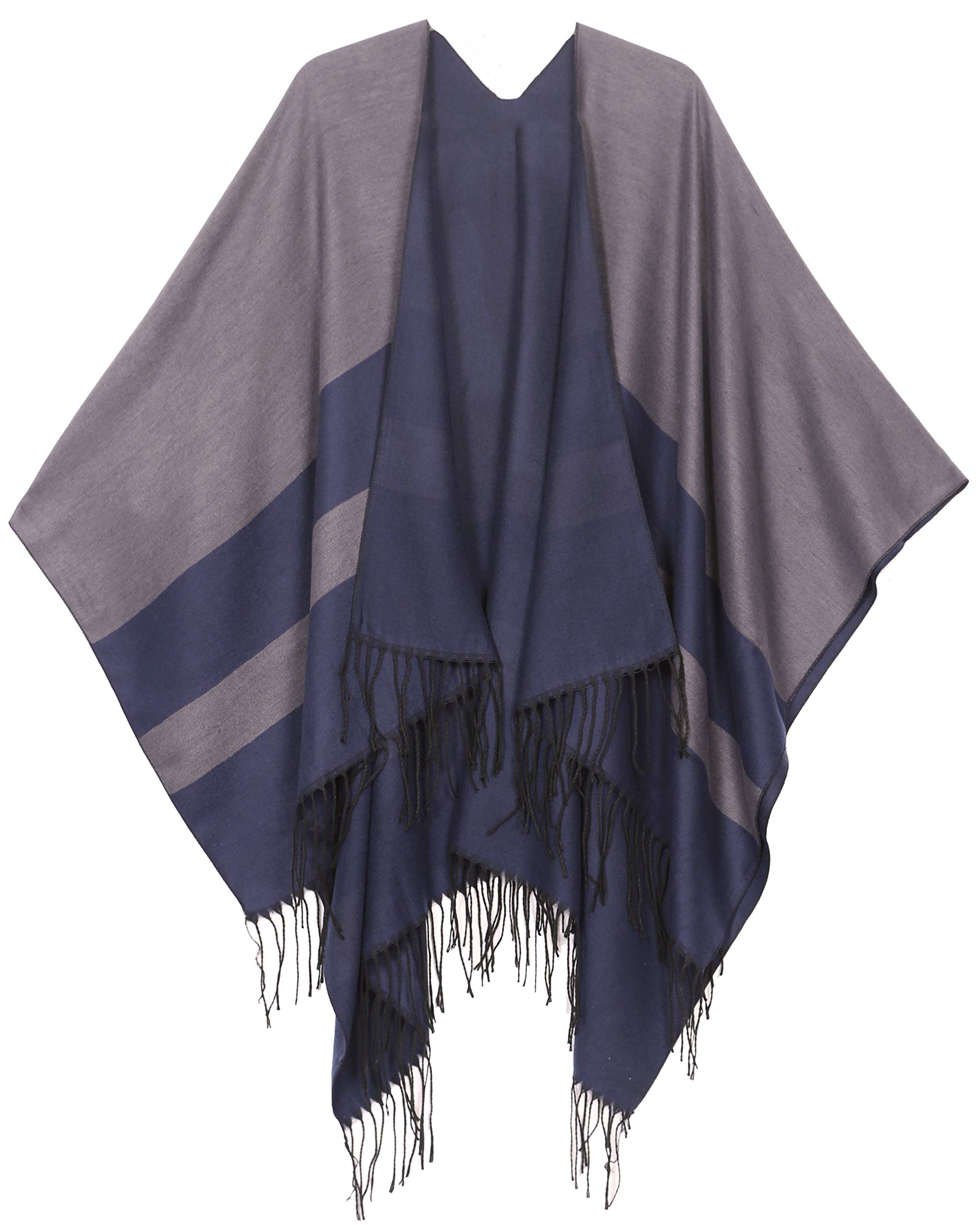 Sakkas 1927 - Avi Women's Reversible Open Front Poncho Cardigan Ruana Cape Shawl W/Fringe - ColorBlockGray - OS