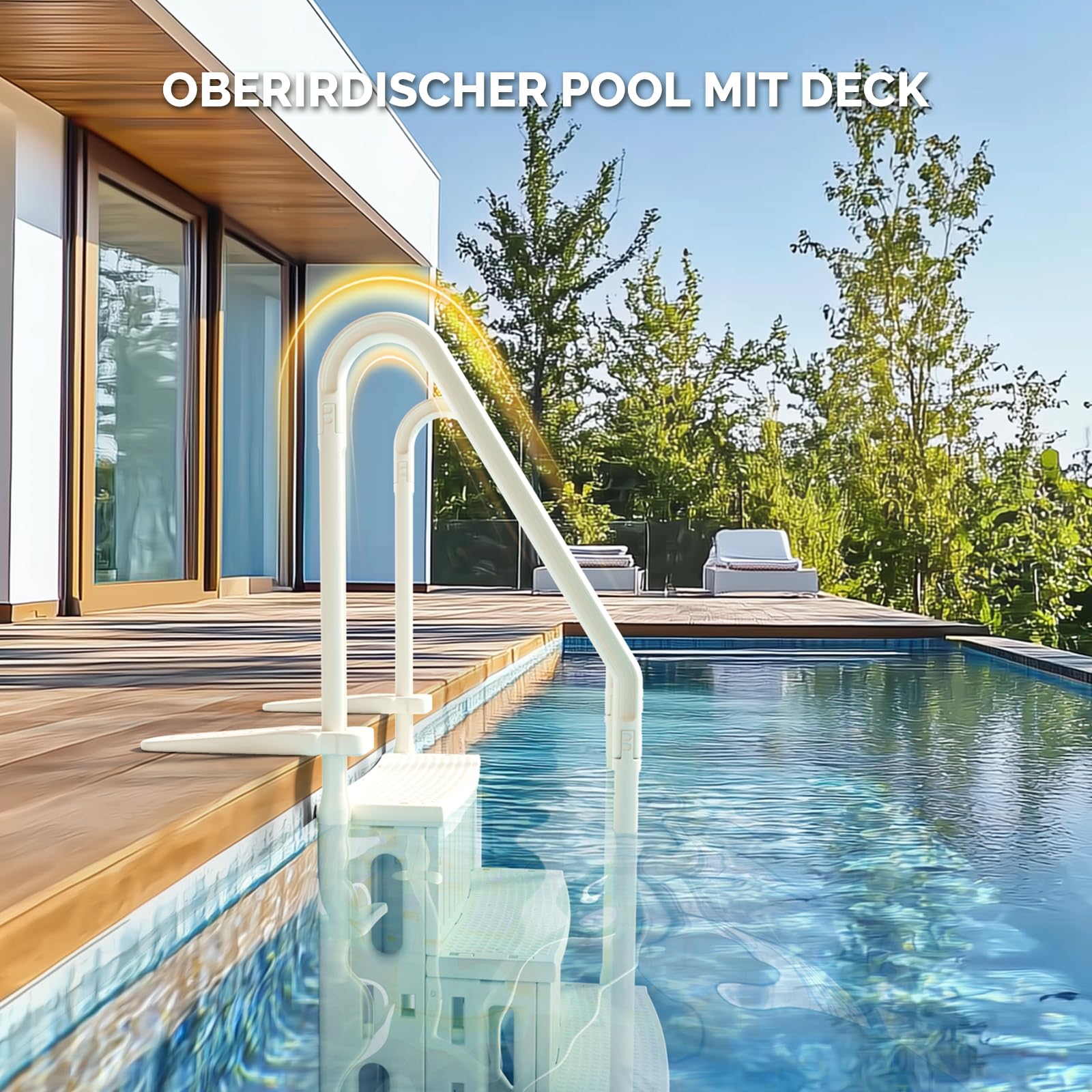 Bonnlo Poolleiter, Pooltreppe aus Kunststoff, mit rutschfesten Streifen und Handläufen, 4-stufig, bis 180 kg belastbar, für Oberirdische/Einbaupools, Weiß