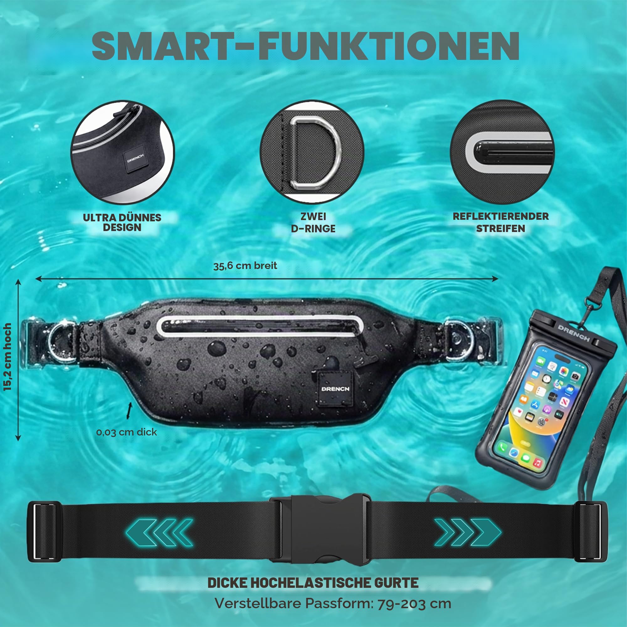 Drench wasserdichte Bauchtasche, Bauchtasche für Handy und Reiseutensilien, IPX8 Gürteltasche mit wandelbaren Riemen, Bauchtaschen für Damen und Herren, passend für iPhone, Samsung und mehr, Schwarz