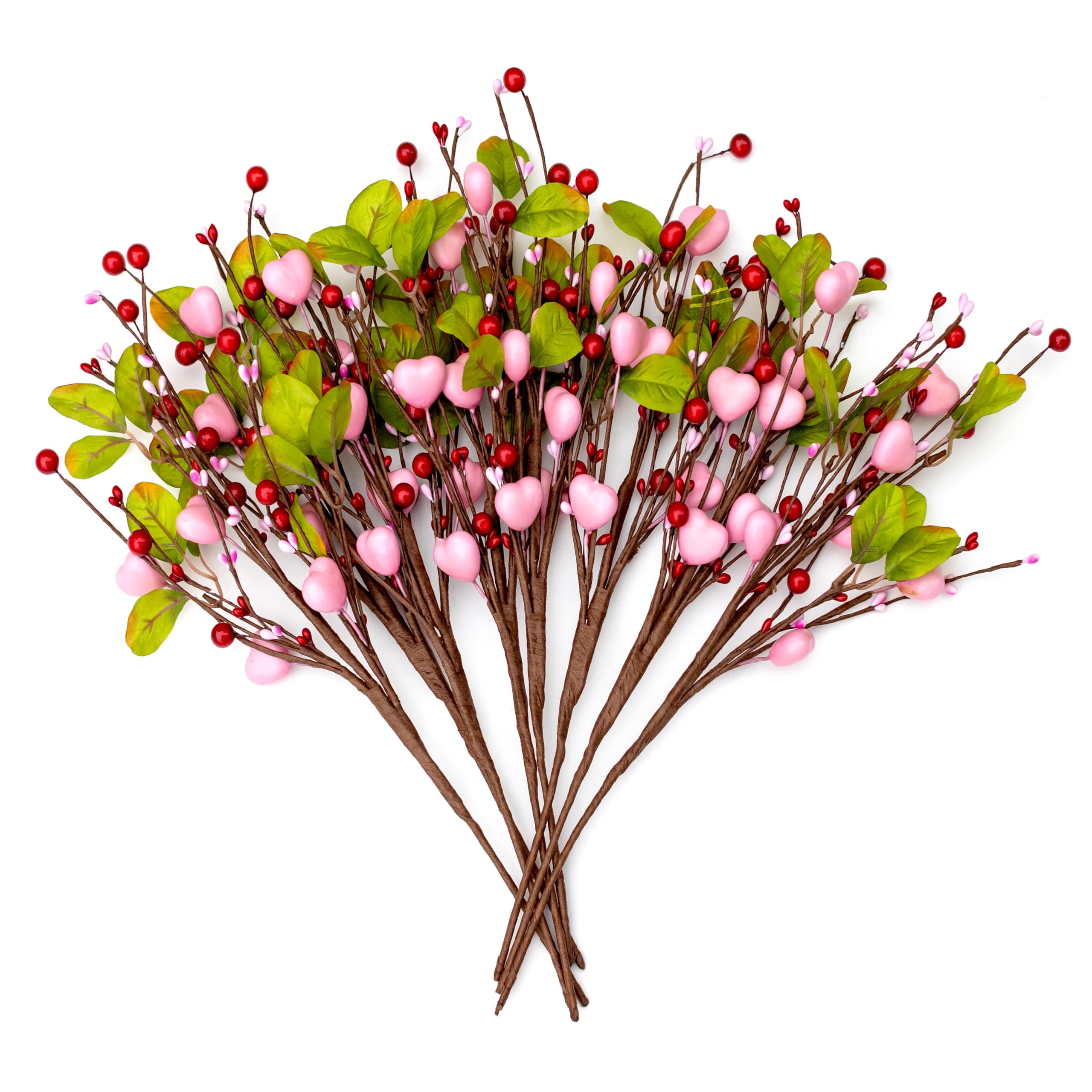 AXYLEX Valentines Day Decorations Floral Picks Stems - 8Pcs,16 Inch Artificial Pink Berry Heart Shaped Branches Gift for Wedding Home Vase Decor (