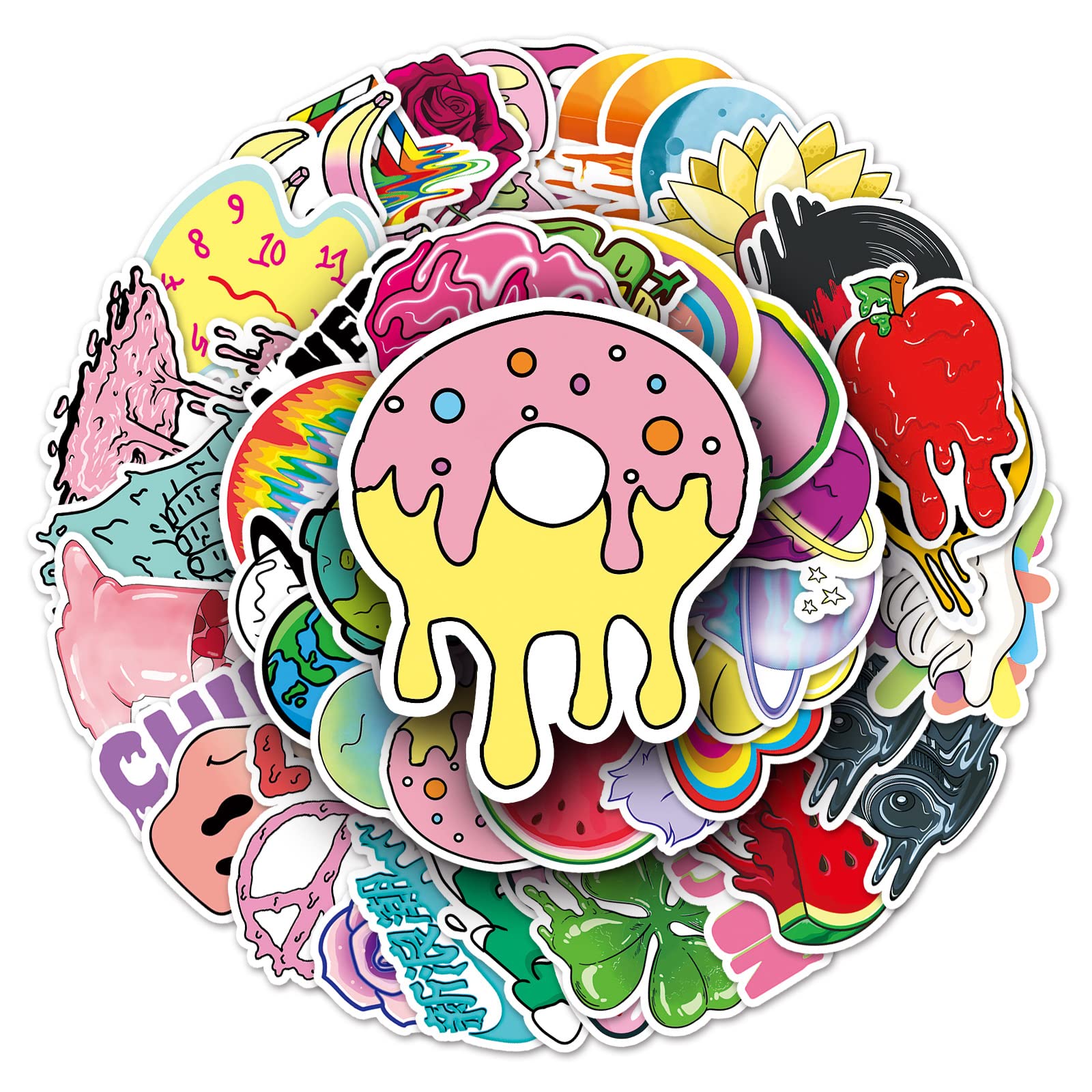 50Pcs Mixed Pictures Stickers Laptop Car Scrapbook Phone Skateboard Suitcase Luggage Bike Doughnut Stickers Vinyl Waterproof Aesthetic Personalised Stickers for Teens Boys Girls Adults Children