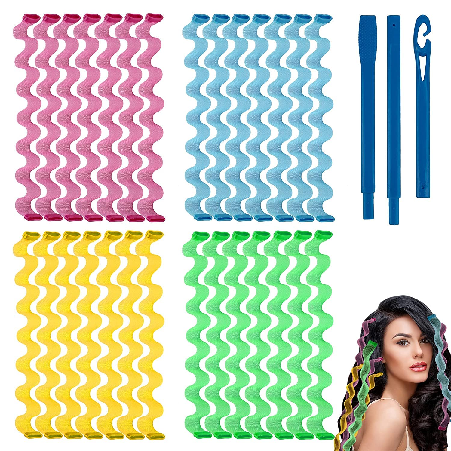WHISKET - 7 pcs Hair Curlers Kit for Women and Girls, Wave Style Spiral Curls No Heat Rollers with Hooks for Long Hairstyles (Hair Waving)