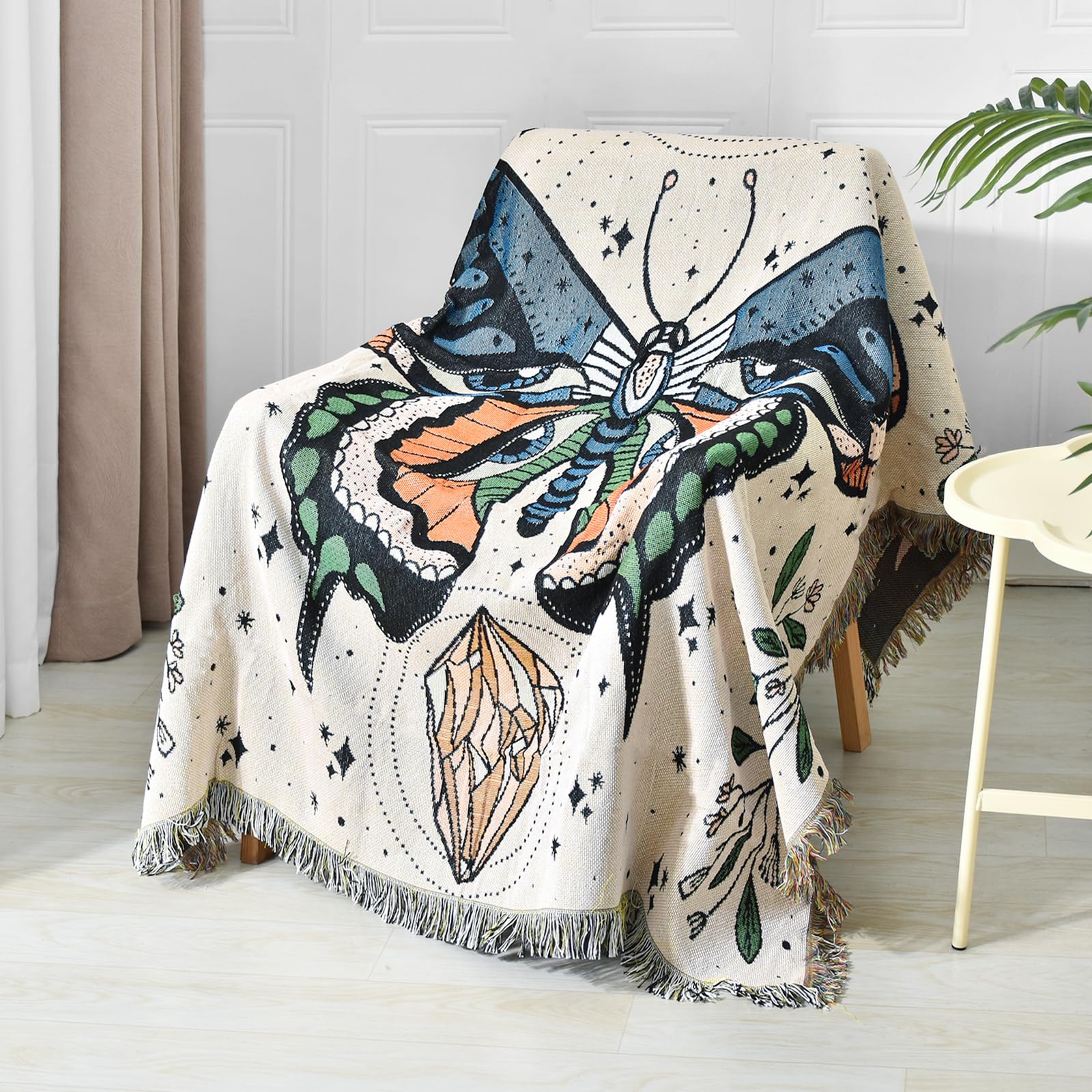 Shesyuki Boho Throw Blanket Reversible Cotton Bohemian Tapestry Hippie Room Decor Outdoor Blanket Double Sided (Month Moth White, 50"x60")