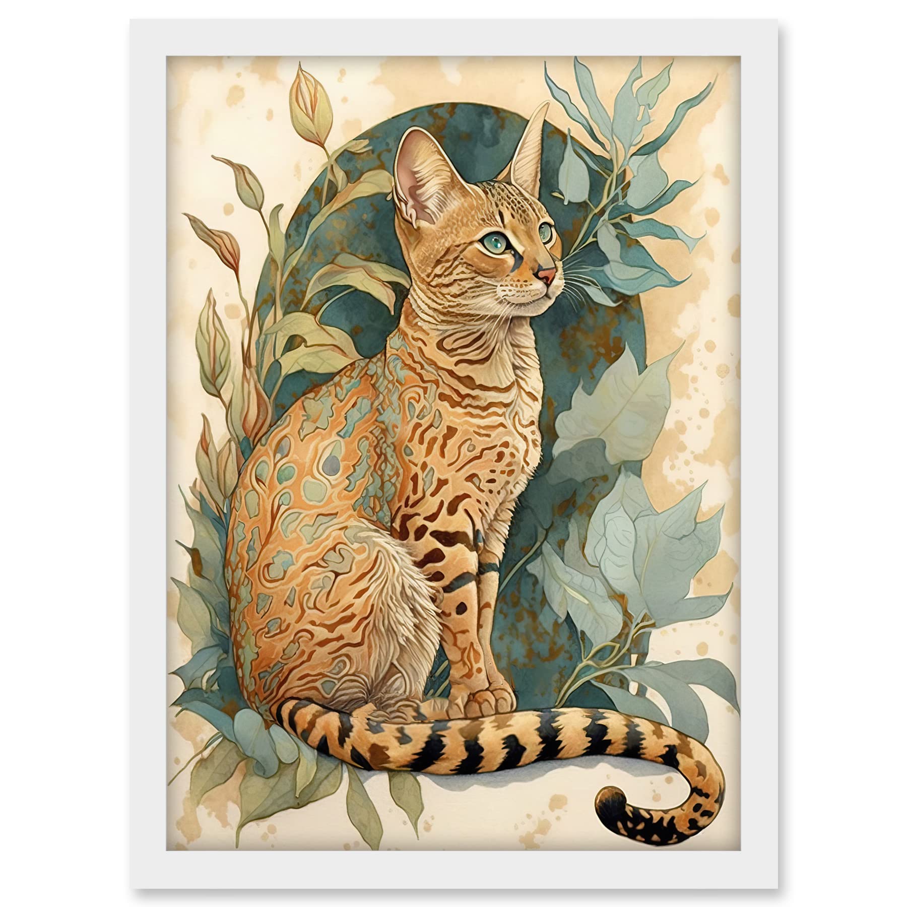 Artery8 Ocicat Cat with Teal Rosette Pattern Fur and Leafy Plants Watercolour Illustration Artwork Framed A3 Wall Art Print