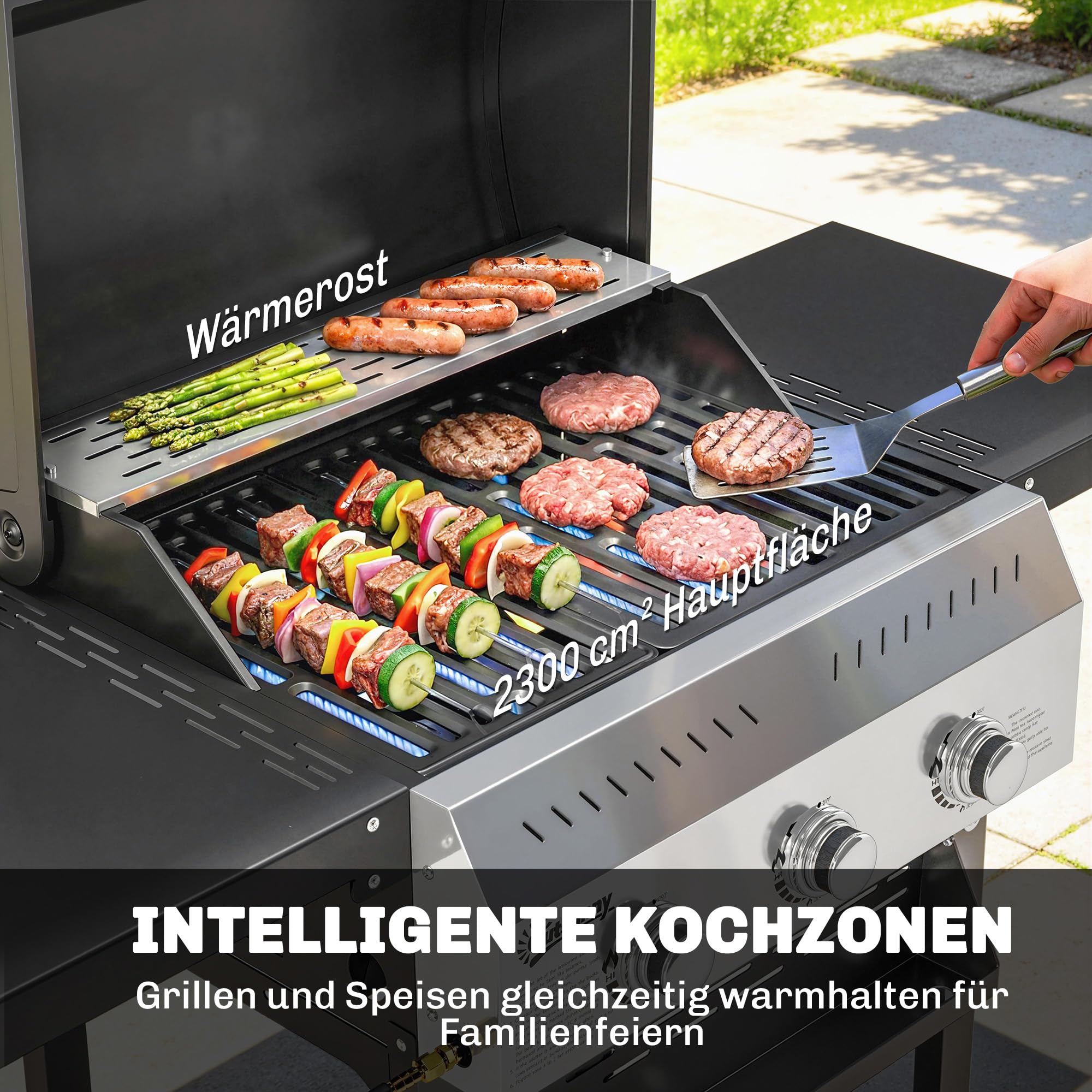 Outsunny Gasgrill 9 KW 3 Brenner BBQ Grillwagen Edelstahl inkl klappbar Seitentisch Gewürzhalter Unterregal 6 Haken Thermometer Emaille-Grillrost Warmhalterost Rolle Gas-Grill für Balkon Party
