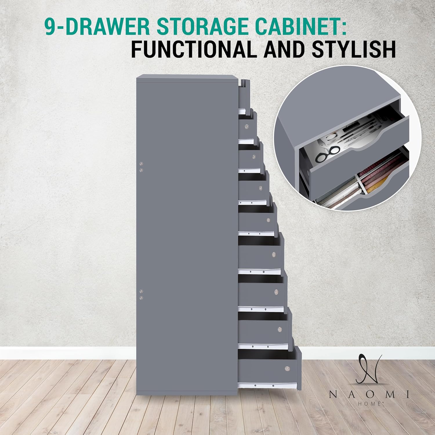 Gray 9-Drawer Tall Dresser with Casters