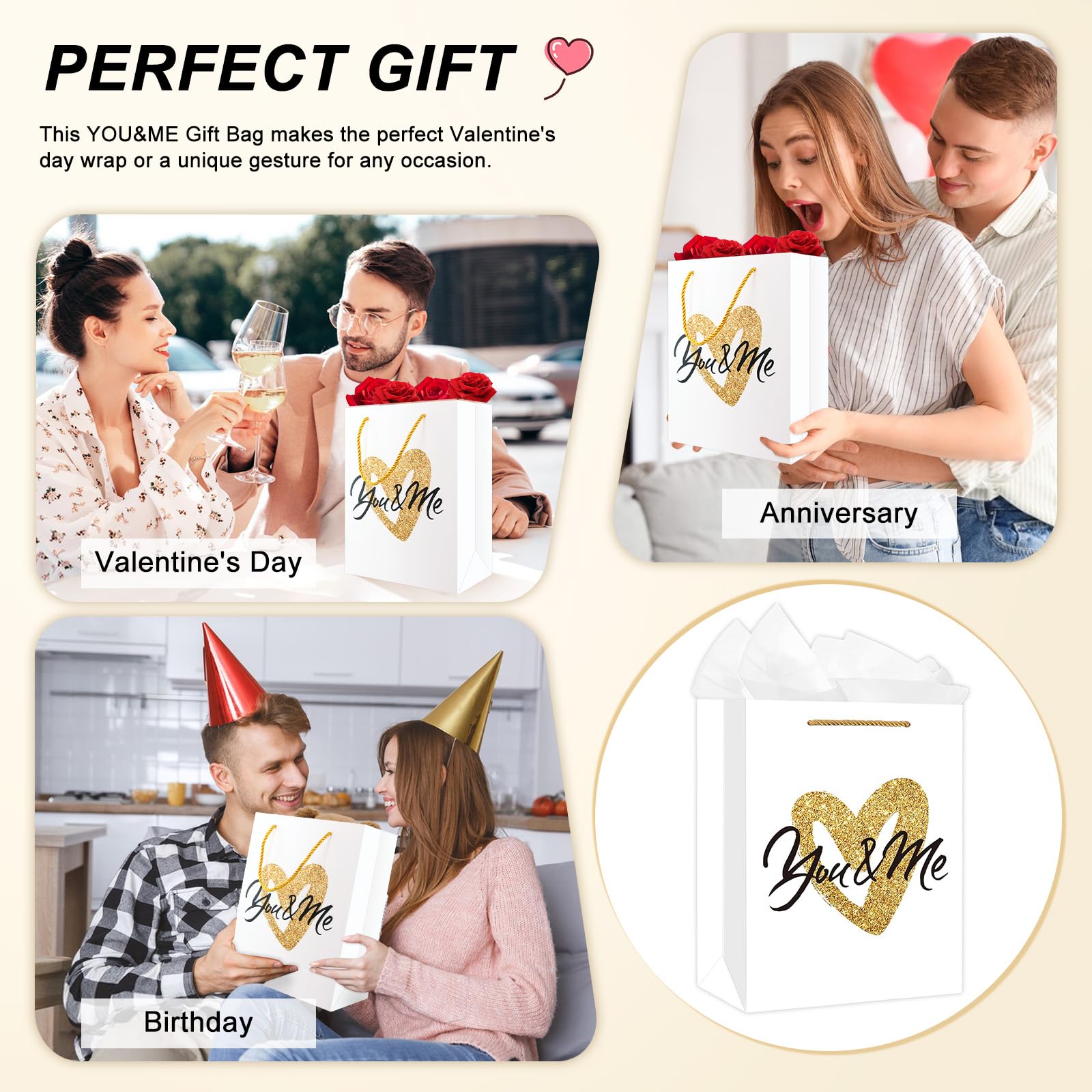 FLYAB Valentine's Day Gift Bag - Large Gift Bag With Tissue Paper Happy Valentine's Day With Handle Romantic Anniversary Wedding Gifts Bags For Her Him Girlfriend Boyfriend Wife Husband Women Men