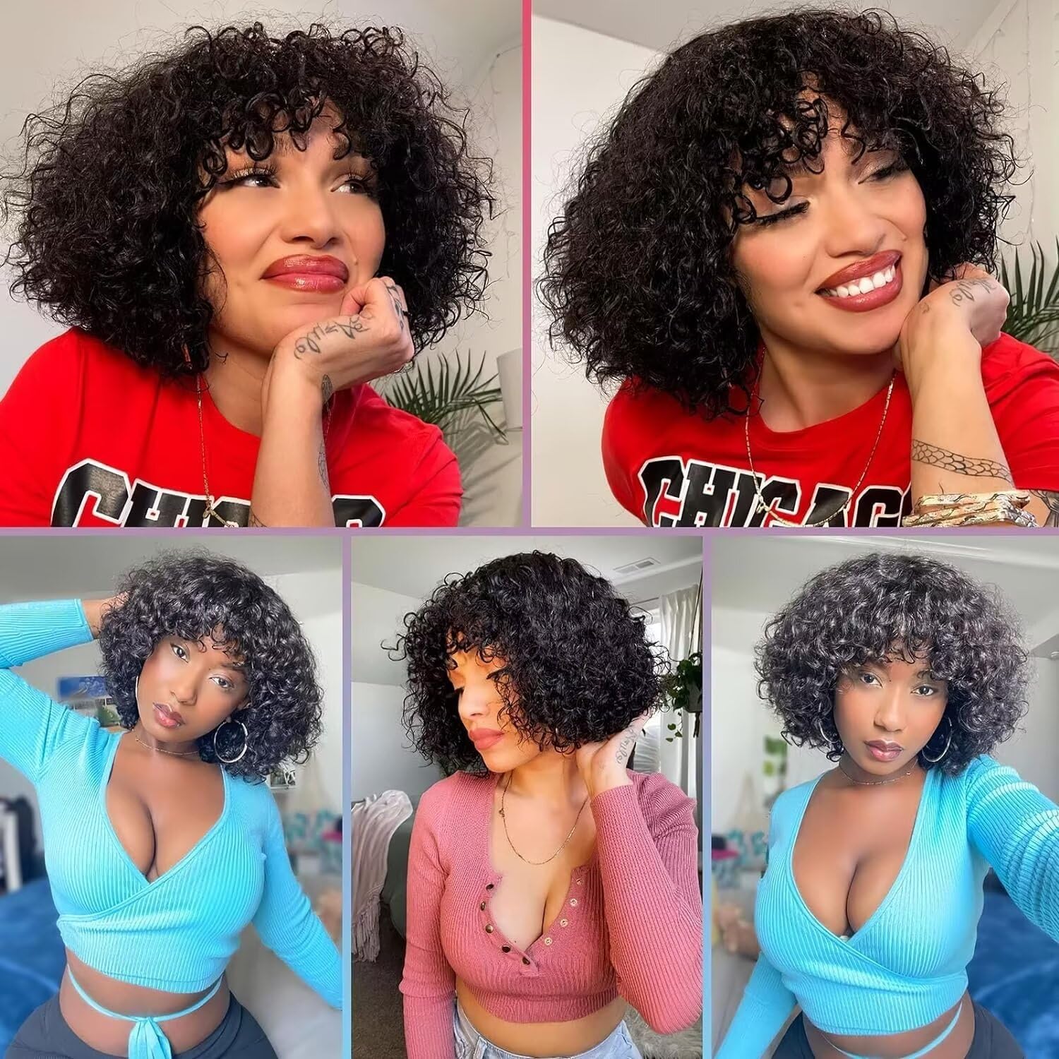 Parrucche corte ricci Parrucca umana per capelli with Bangs Glueless Curly Wigs for Women Parrucche vergini brasiliane 180% densità None Lace Front Wigs Nero naturale 10 inch curly human hair wig