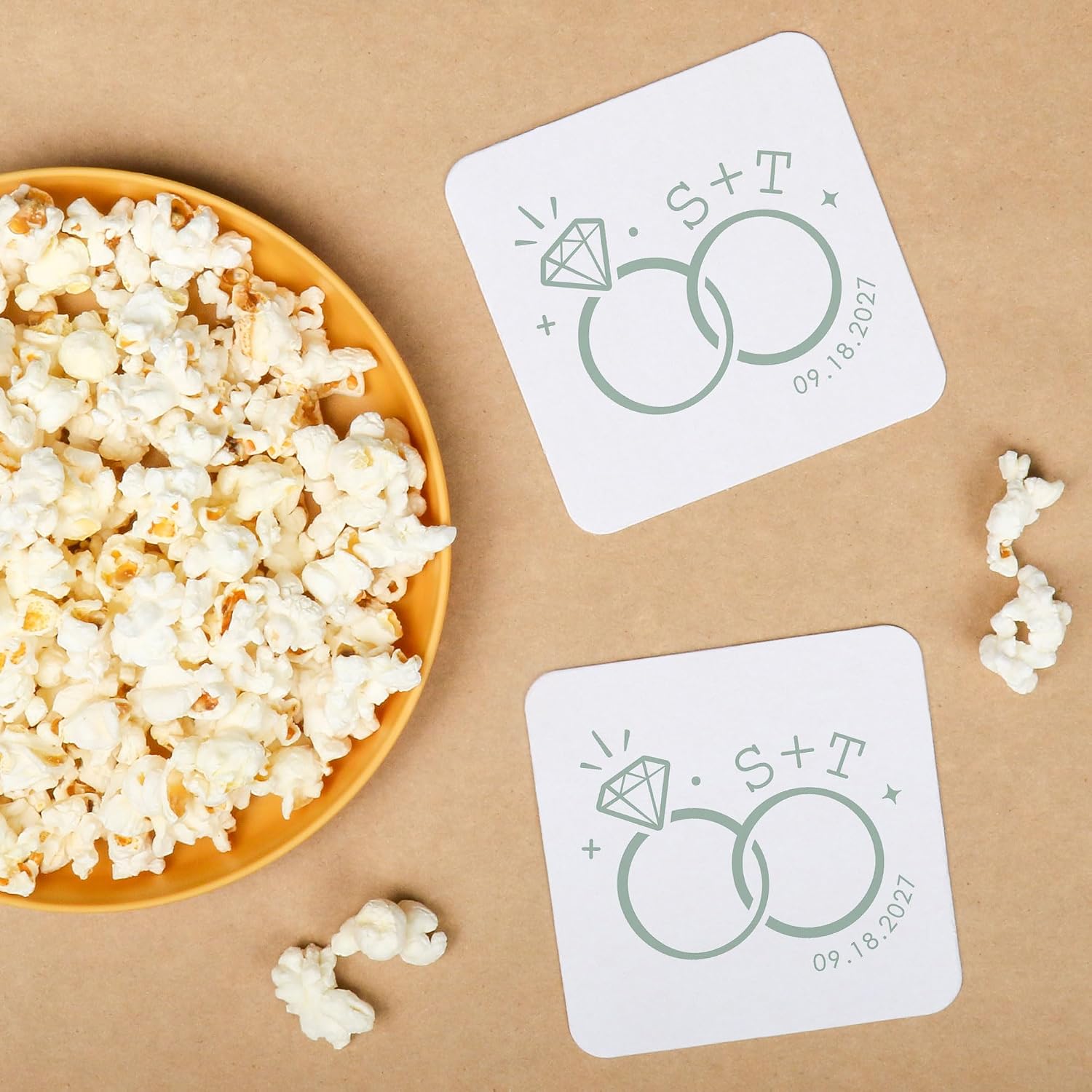 Big Dot of Happiness Personalized Sage Green Wedding Rings Drink Coasters, 4-Inch Disposable Round Paper Coasters for Weddings or Engagement Party, Funny Cocktail Table Decor for Bar Drinks - 25 Ct