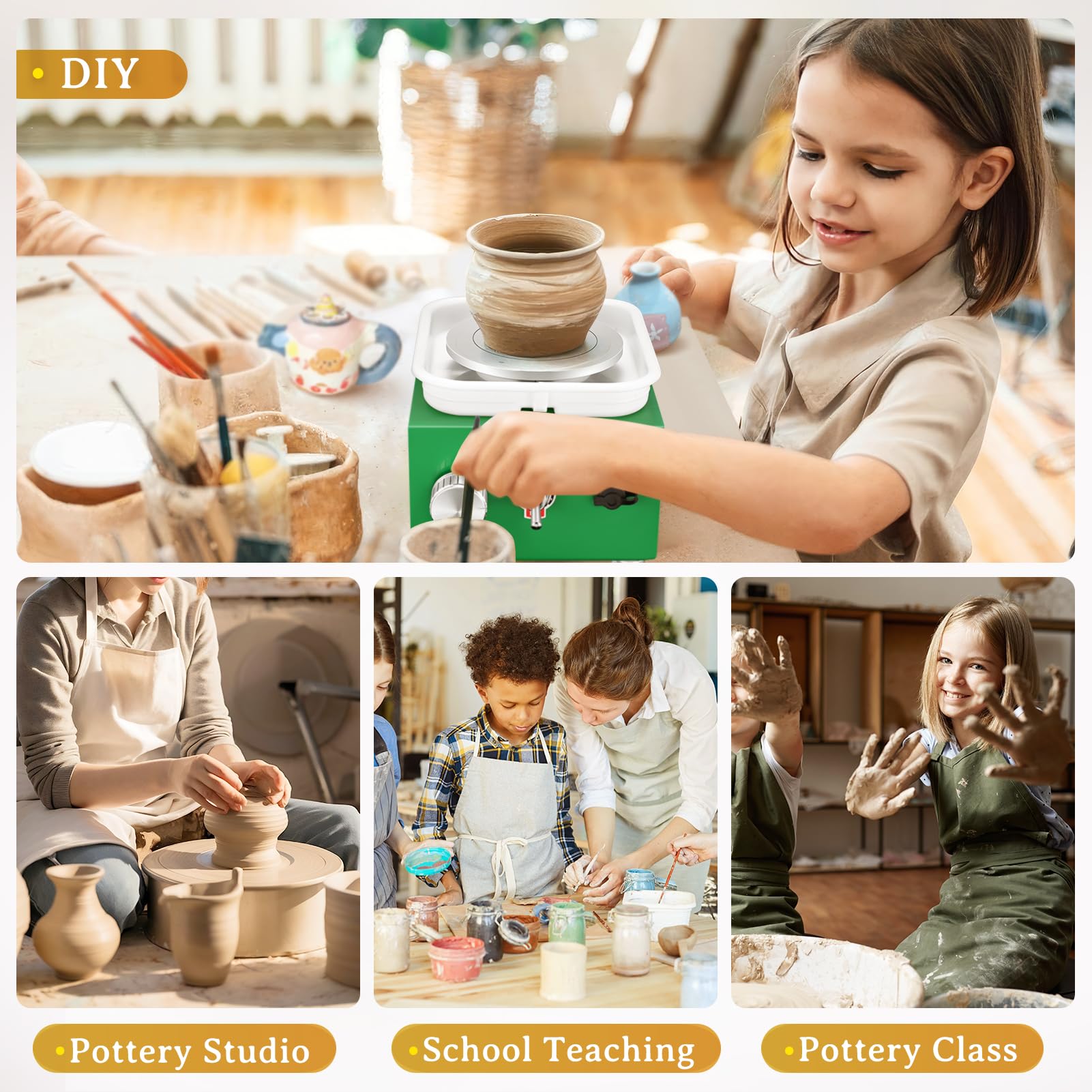 Torno Alfarero, Kooeuru Torno Ceramica 2000RPM Velocidad Ajustable con Placas de 10/6,5 cm, Herramientas de Modelado y Cuenco Extraíble, Torno Alfarero Niños y Adultos (Verde)