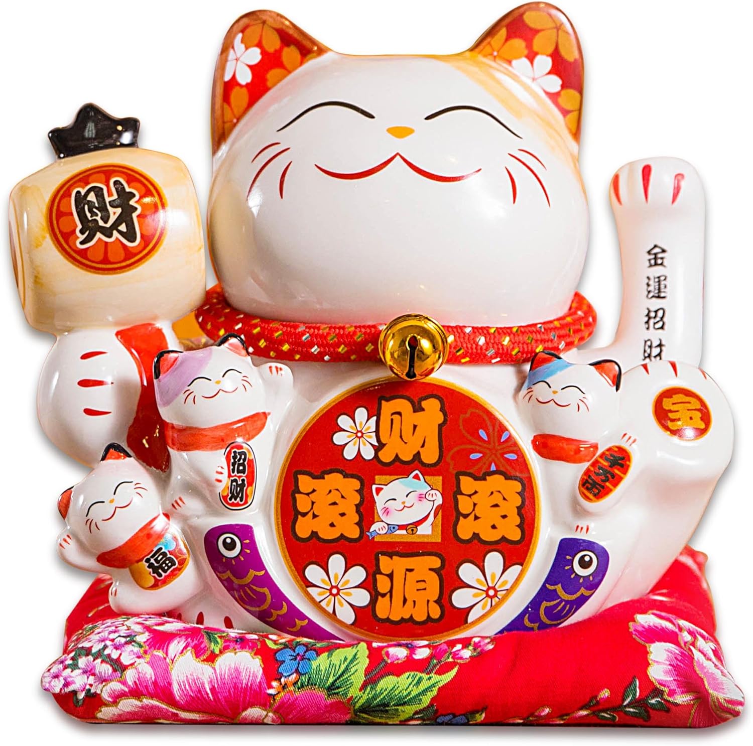 Mose Cafolo Large Ceramic Maneki Neko Beckoning Lucky Money Cat Waving Arm Good Feng Shui Fortune Happy Smiling Cat Figure 招財貓-財源滾滾（Abundant Wealth）