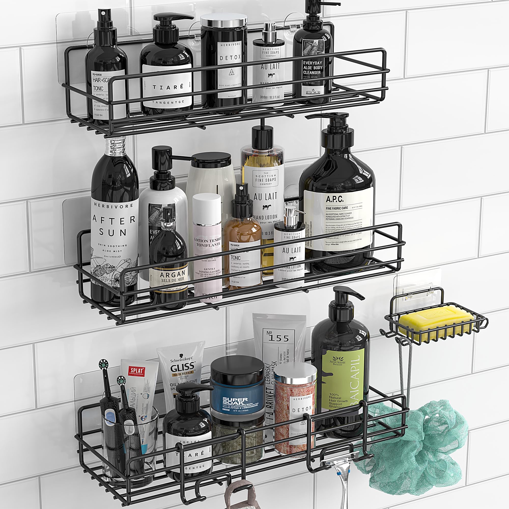 Moforoco3-Pack Shower Caddy Basket Shelf with Soap Holder, No Drilling Traceless Adhesive Shower Wall Shelves, Rustproof Black Bathroom Shower Storage Organizer