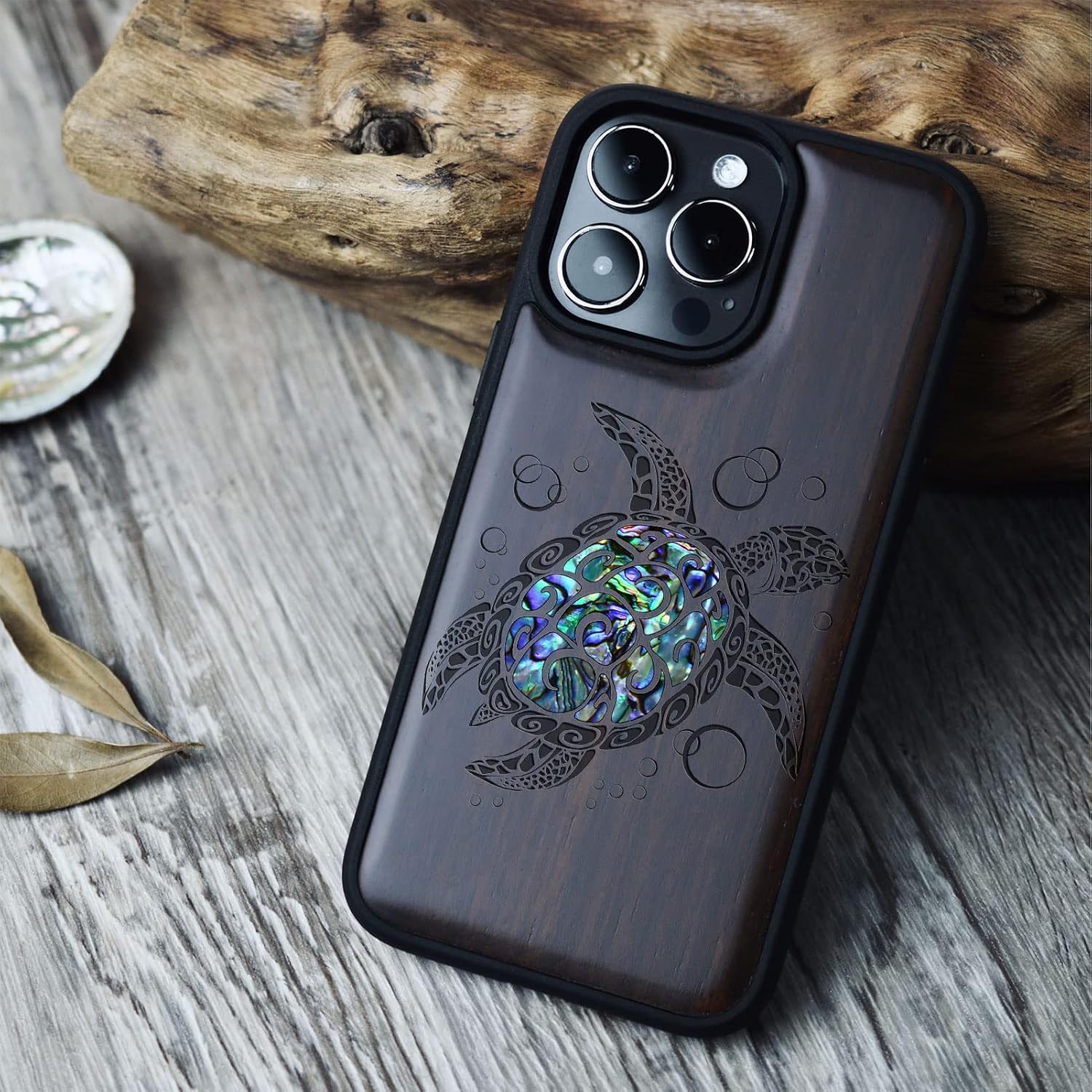 Carveit Designer Wooden Magnetic Protective Case for iPhone 14 Pro Max Case [Wood Engraving & Shell Inlay] Compatible with 14 Pro Max MagSafe (Sea Turtle-Blackwood)