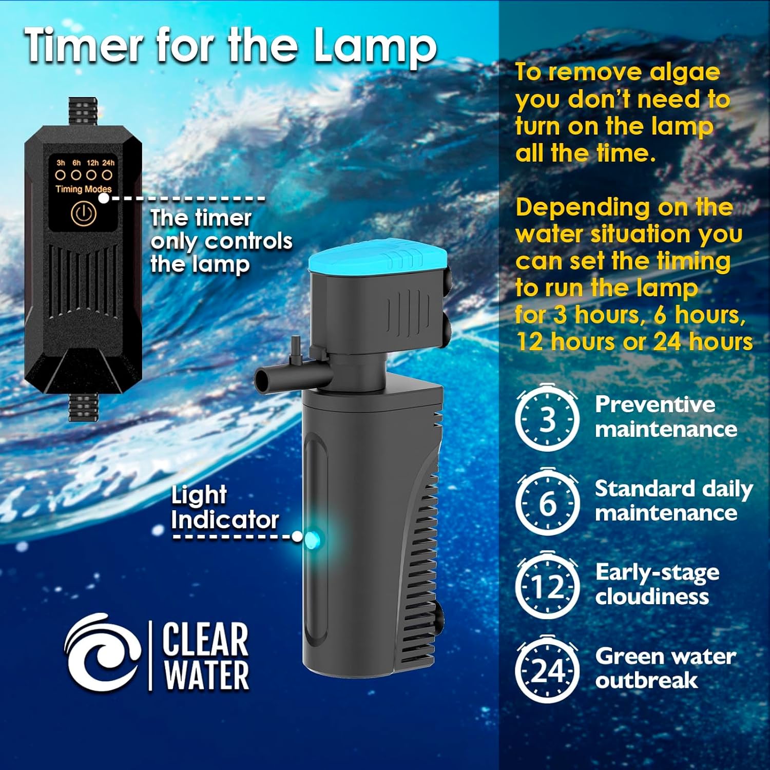 Aquarium Filter | U-V Fish Tank Filter for Green Water Cleaning | U-V Clarifier with Timer | Aeration & Rainfall Mode | Turtle Tank Filter | Submersible Pump with Filter | for 10-30 Gallons