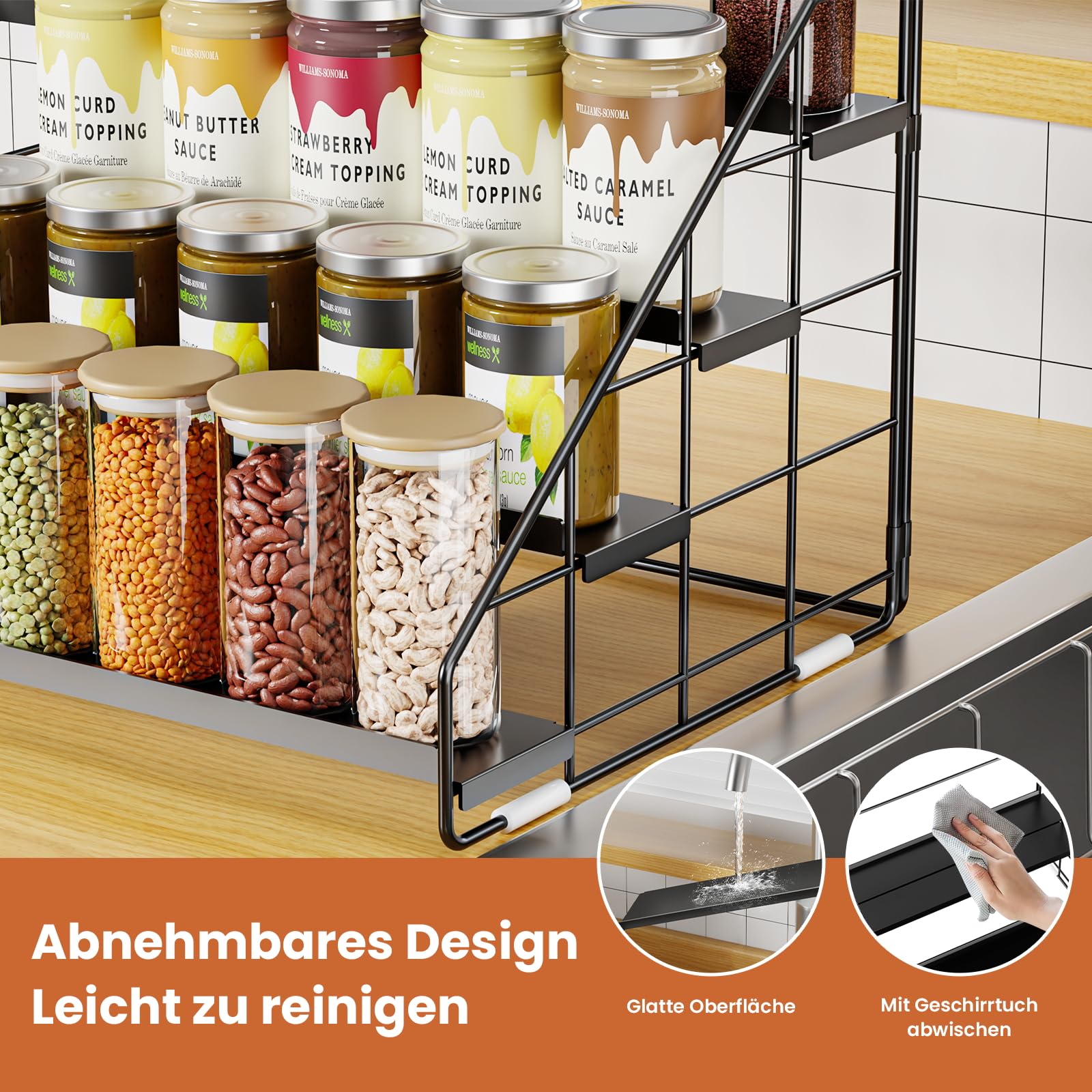 Lot de 2 étagères à épices debout à 4 niveaux, hauteur réglable (2/3/4 niveaux) et sans perçage, en métal noir, avec crochets en S et étiquettes, organisateur d'épices pour cuisine, armoire