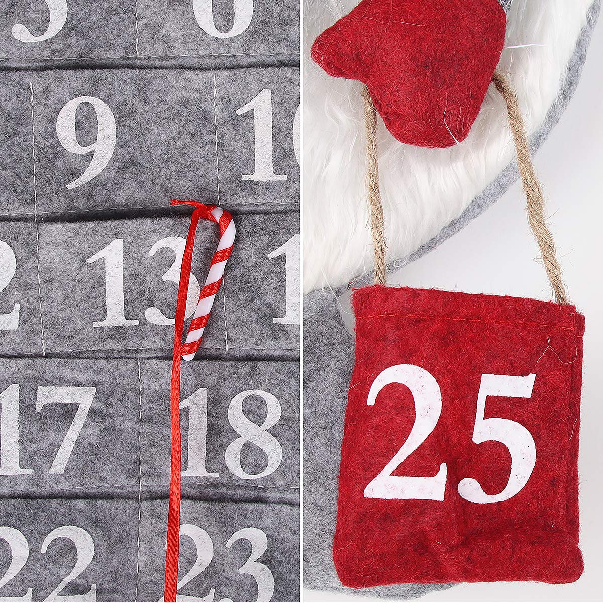 Calendario Dell'Avvento del Tessuto, Calendario Avvento Stoffa, Calendario di Natale, Calendario Peluche per Vecchio Nella Foresta, 24 Taschini, Regali di Natale, Decorazioni per la Casa,64*39cmgrigio