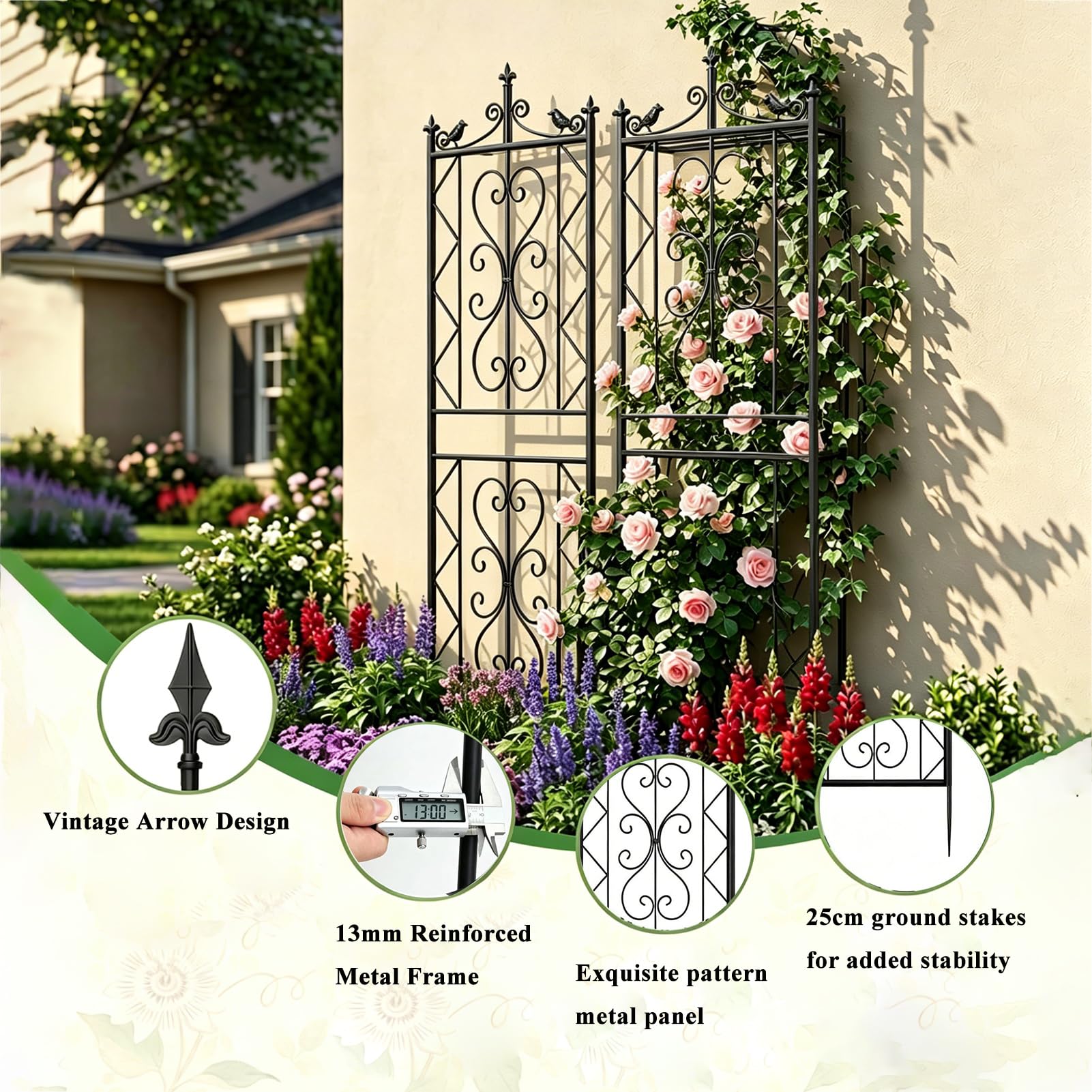 Traliccio in Metallo 195x50cm per Piante Rampicanti – Griglia Decorativa da Giardino con Uccellini – Recinzione per Fiori e Verdure, Nero (1 pz)