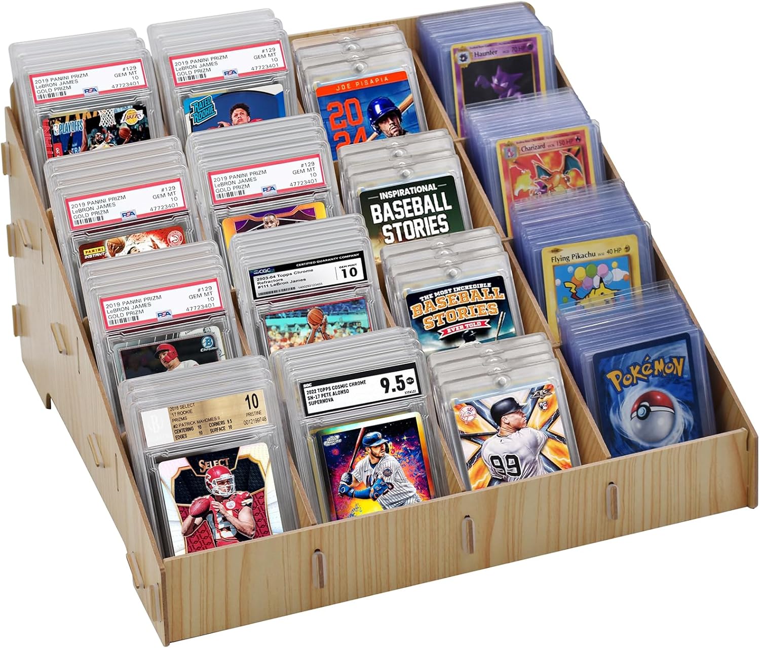 trading card display case - 4-tier card sorting tray, trading cards organizer | wood card storage display box for baseball, graded, psa bgs sgc, slab, top loader and magnetic (wood display box)