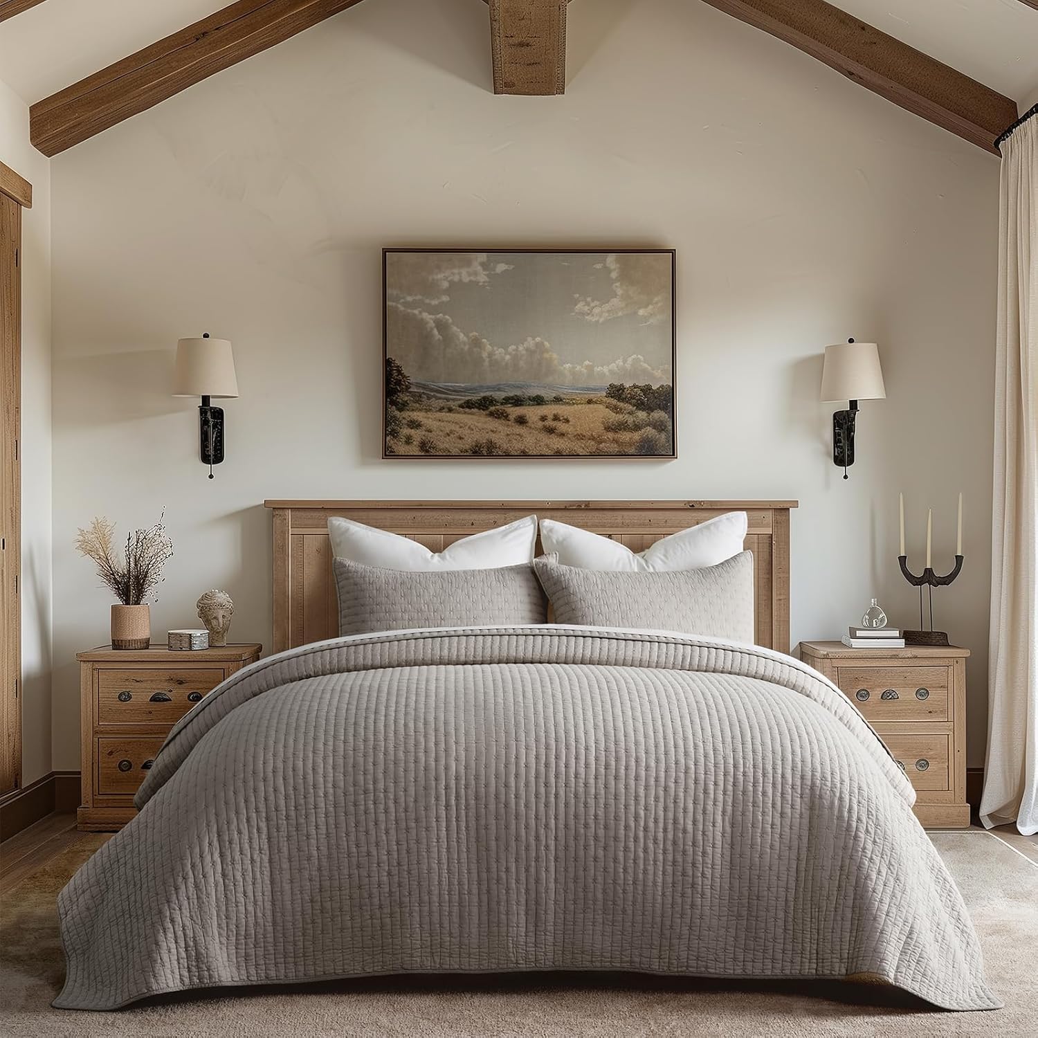 EVERGRACE x Kinsey Walsh Cross Stitch Pre-Washed Cotton Quilt Bedding Set King Size, Oversized 3 Pieces Lightweight Bedspread Coverlet for All Season, with 2 Matching Shams, Taupe,108"x96"