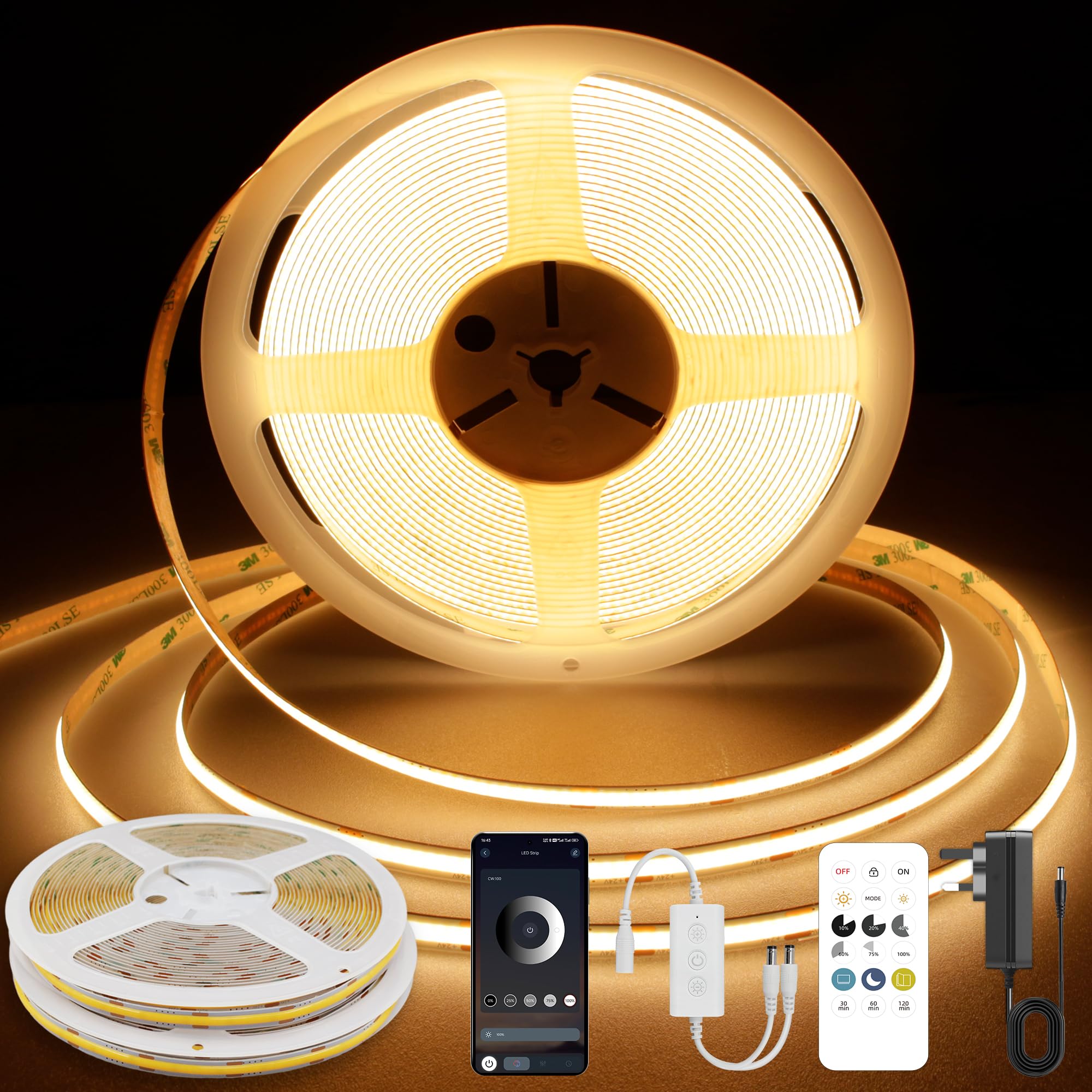 TTWAY Tira LED COB 20m, Tira LED 2700K con Fuente de Alimentación, Control Remoto, 384LEDs/M, DC24V, CRI 90+, 8mm Ancho, Tira LED Blanco Calido Regulables para Decoración del Hogar (2x10m)