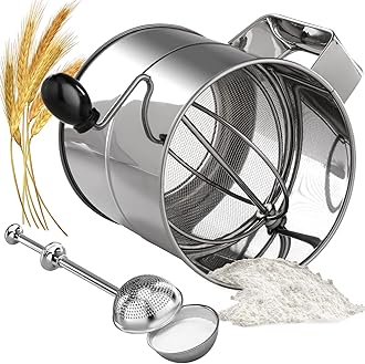 Flour Sifter - 8 Cup Fine Mesh Hand Crank Sifter Stainless Steel with Agitator Wire Loop for Baking, Powdered Sugar Duster Set