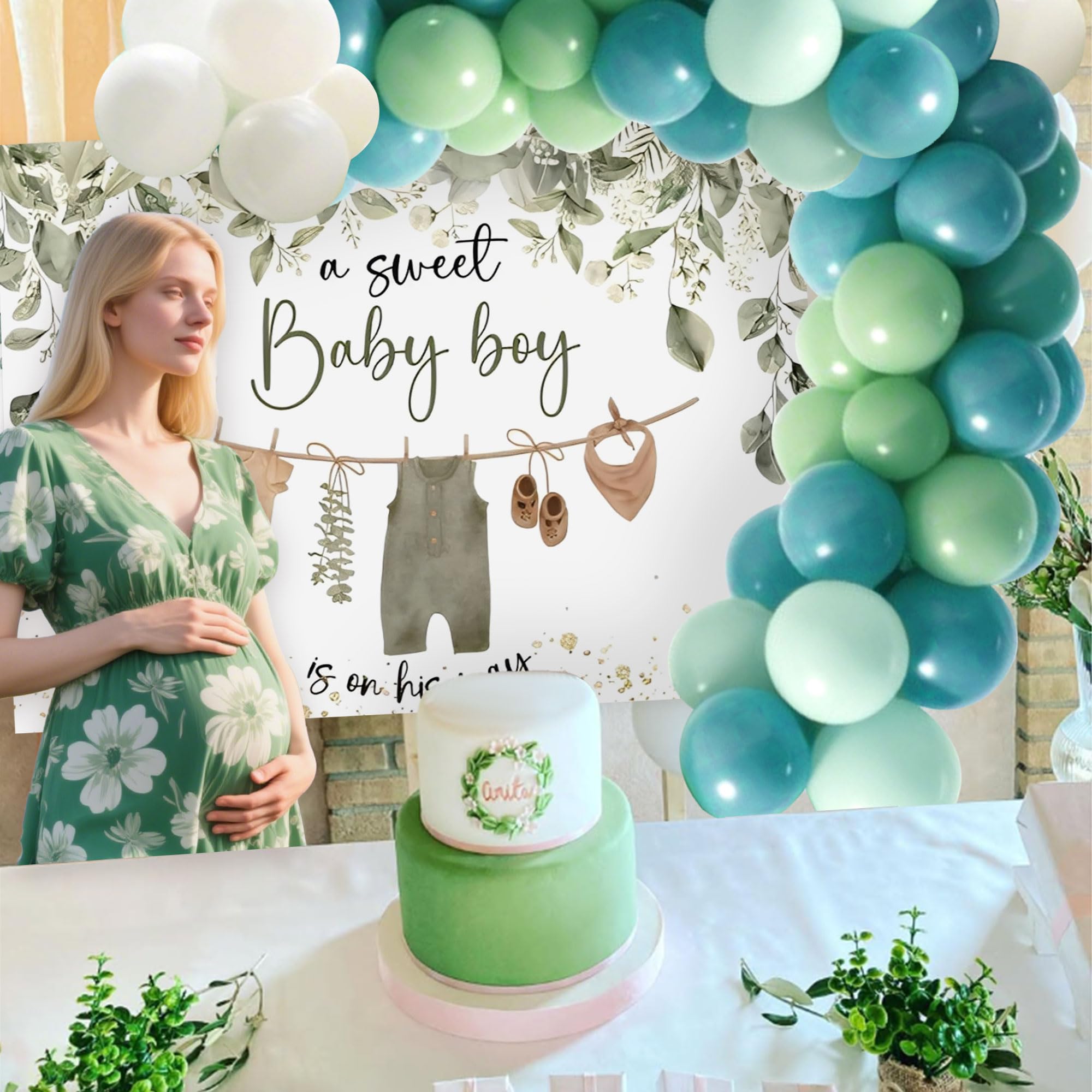 Baby Shower Backdrop for Boys Greenery A Sweet Baby Boy is On The Way Decoration Boy Green Leaves Baby Shower Party Balloons Banner Supplies Photo Booth Props - Image 3