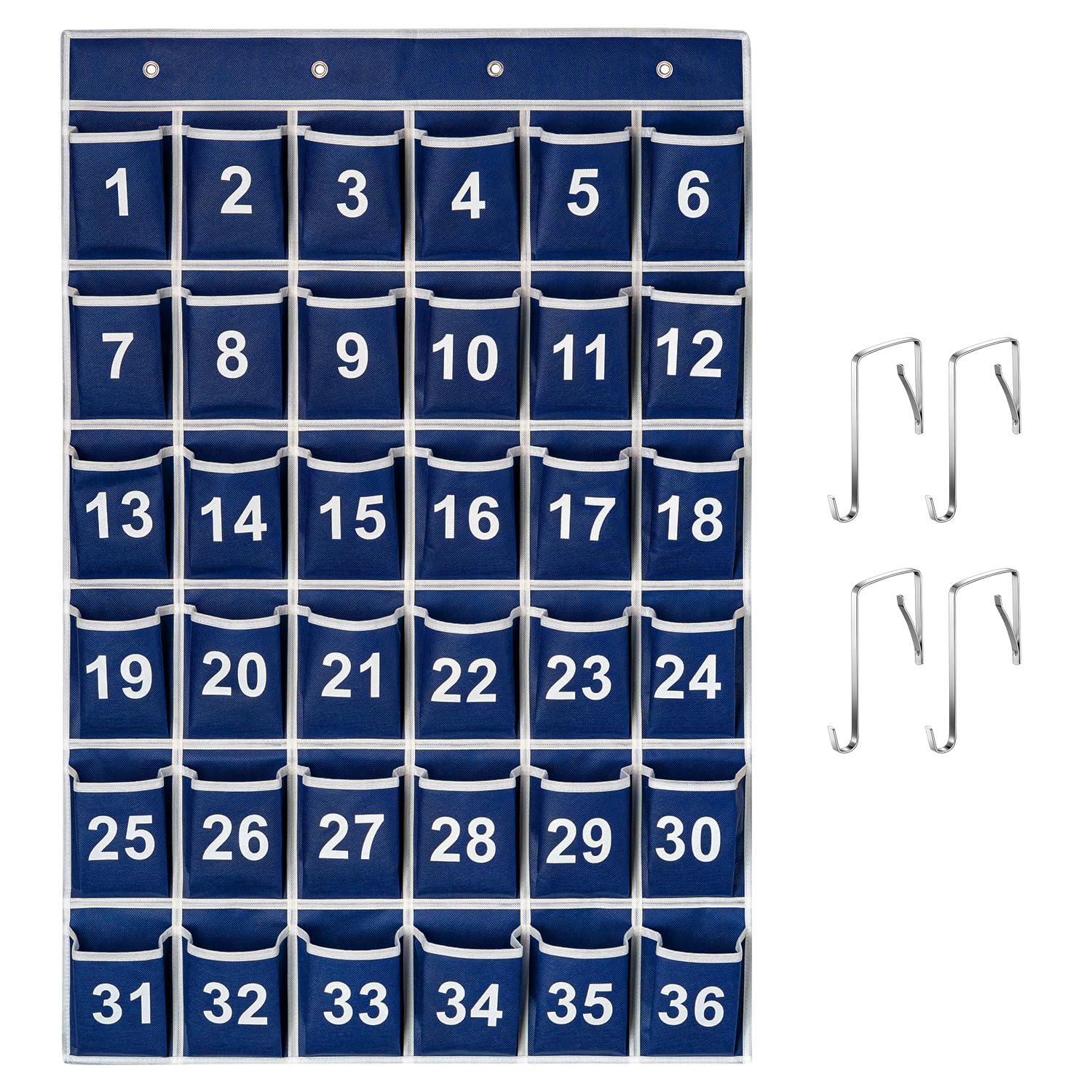 SAVERHO 36 Pockets Blue Numbered Classroom Pocket Chart for Cell Phones, Hanging Pocket Chart Storage for Classroom Phone Calculator Holder with 4