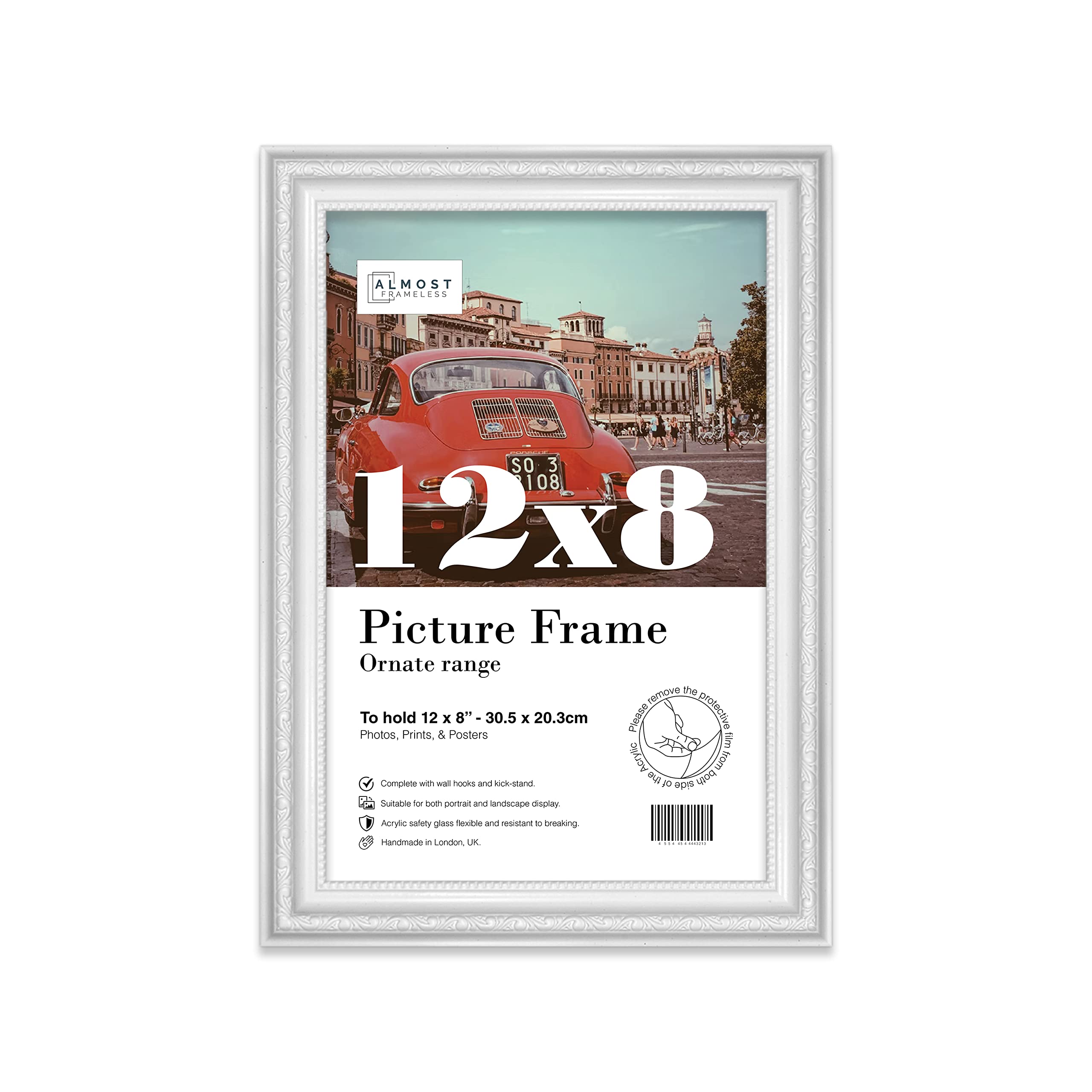 Almost Frameless 12x8 White Ornate Picture Frame 12"x8"(30.5x20.3cm) Poster, Photo, Artwork, or Print. Baroque Style Portrait and Landscape Display with Wall Hooks