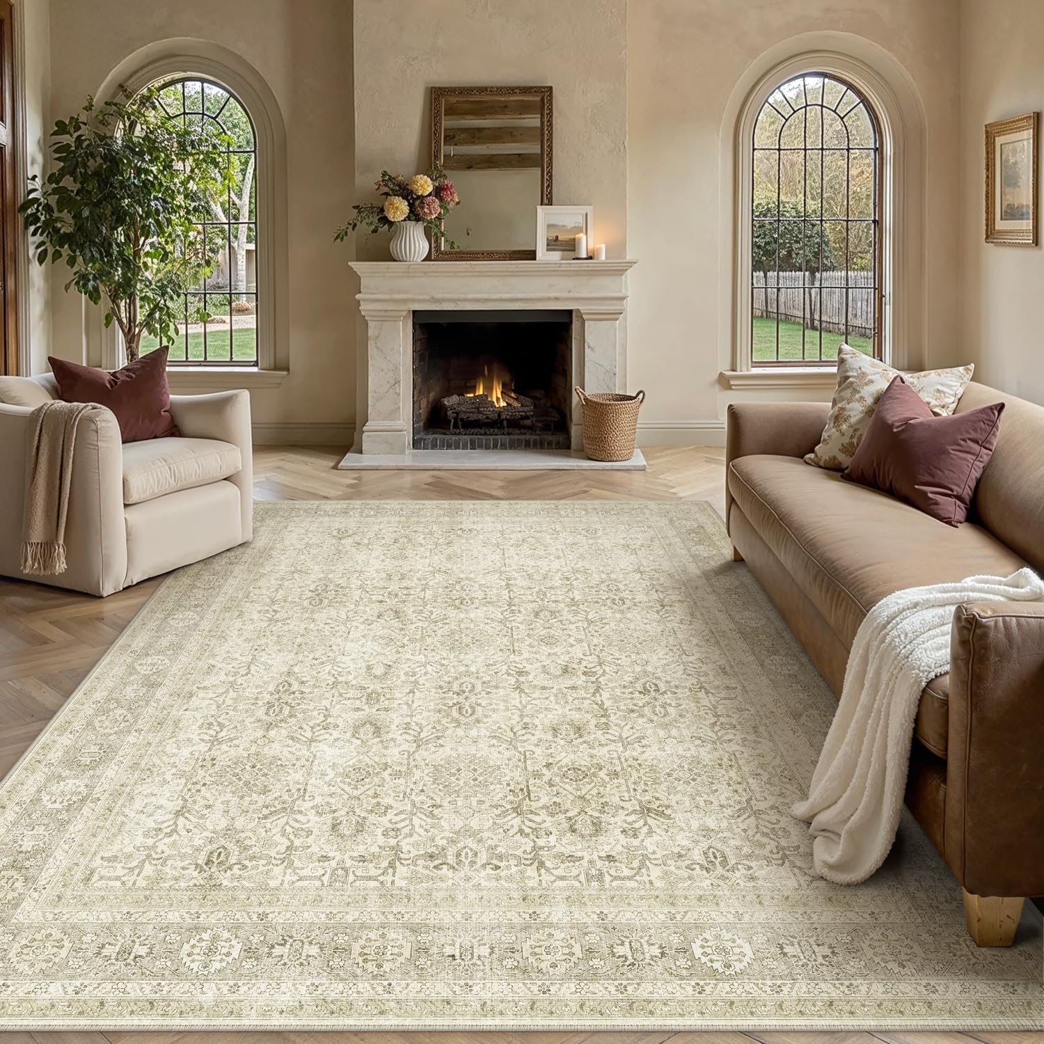 PureCozy Brown Multi Area Rug 9x12 Vintage Washable Distressed Living Room Carpet Large Indoor Non Slip Traditional Medallion Retro Low Pile Accent Throw Rug Bedroom Kitchen Office Dining Room