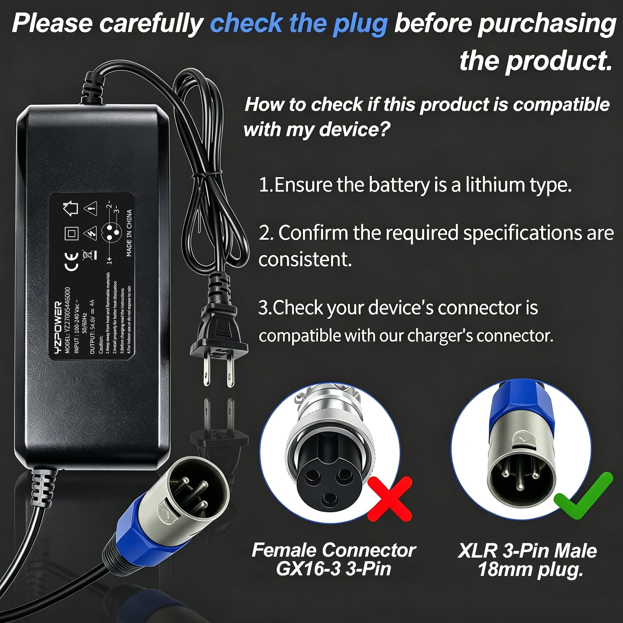 Chargeur 54,6V 4A pour Trottinette électrique Batterie Lithium 48V | Compatible vélos électriques, connecteur XLR mâle 18mm, protections sécurité, ventilateur & écran affichage tension.