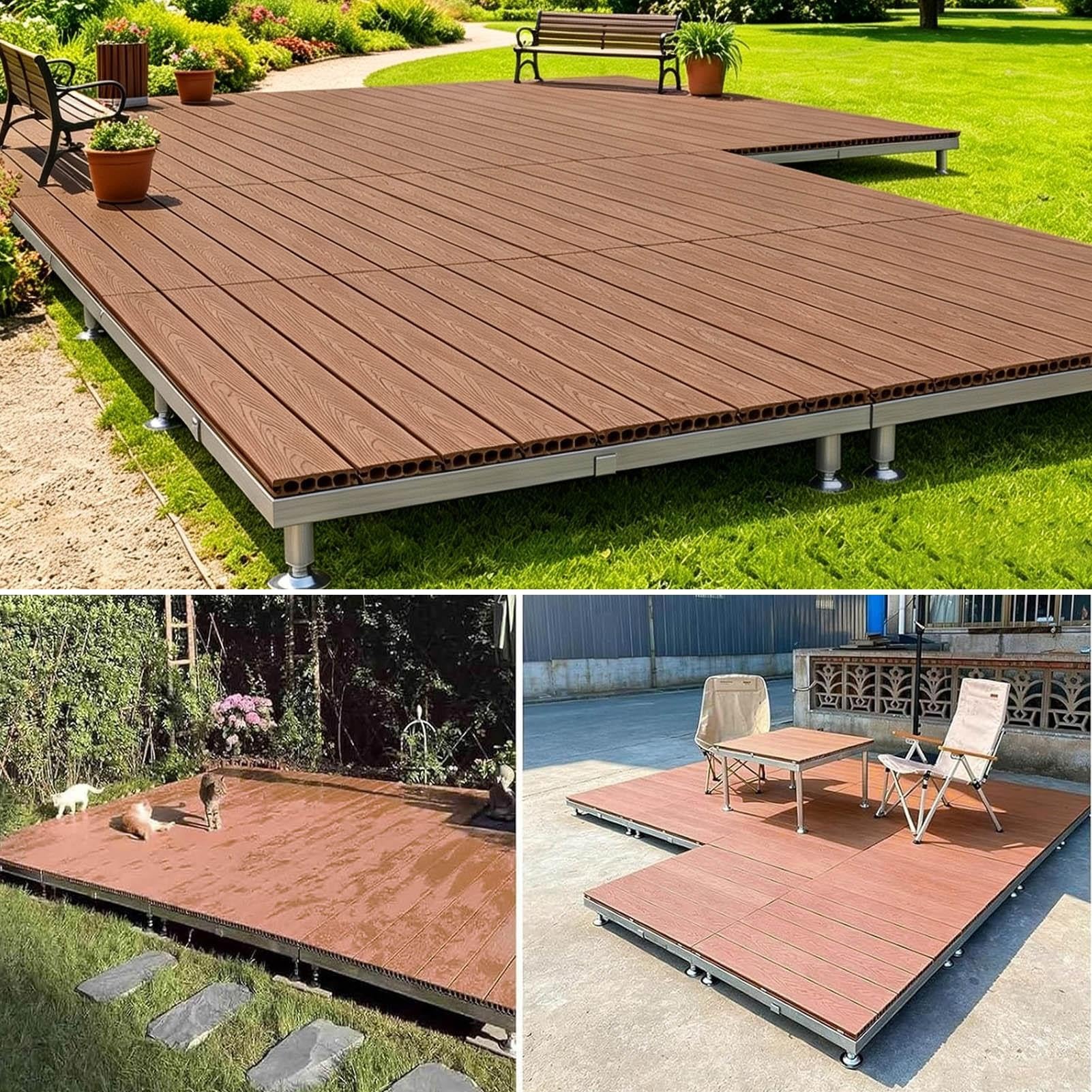 WPC Plataforma Elevada Modular de 4 Piezas, Baldosas de Cubierta Enclavable