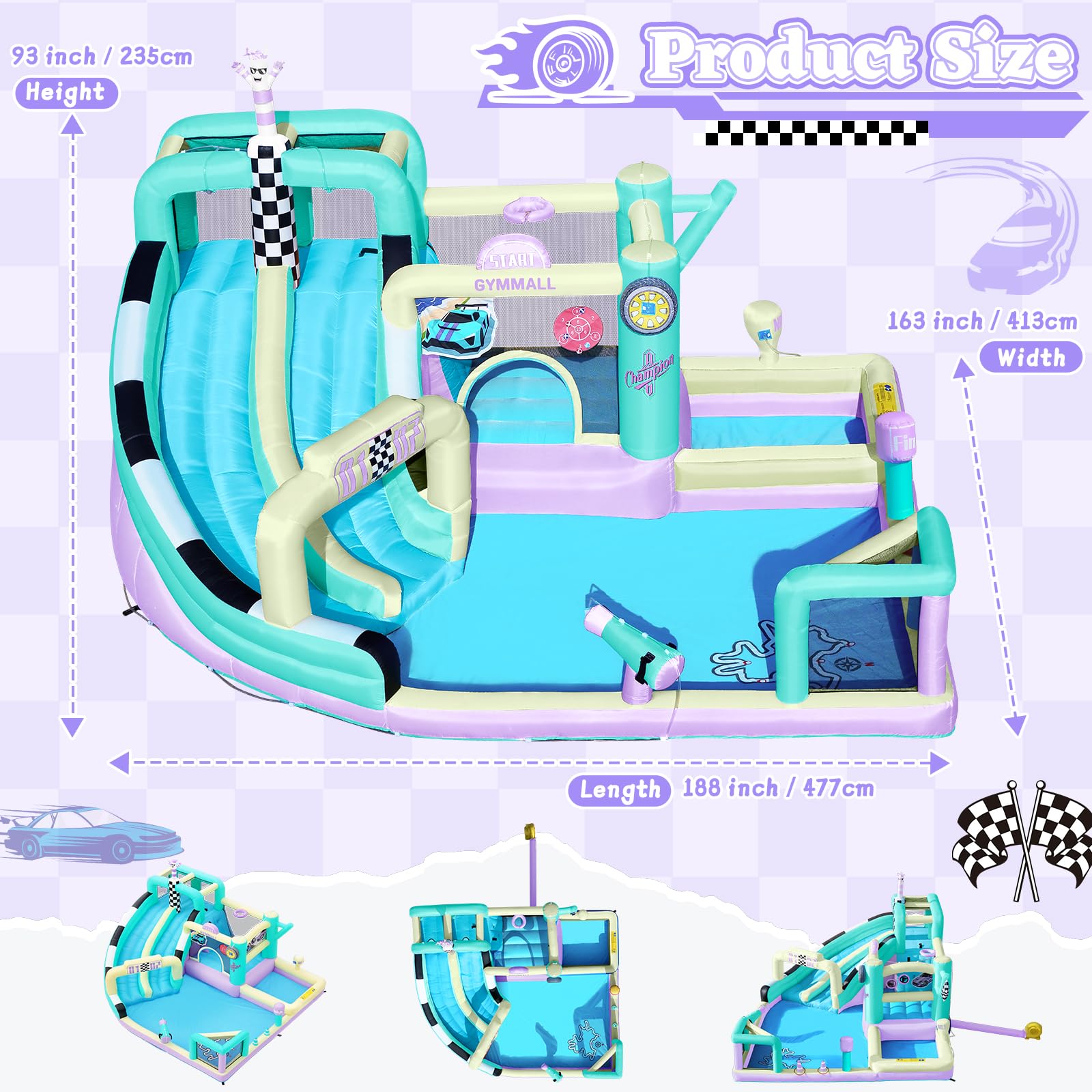 Castillo Inflable de Carreras para Niños, Gran Castillo Inflable 12 en 1 con Soplador de 750W, Doble Tobogán de Agua, Splash Pool, Zona de Salto, Apto para Interiores y Exteriores