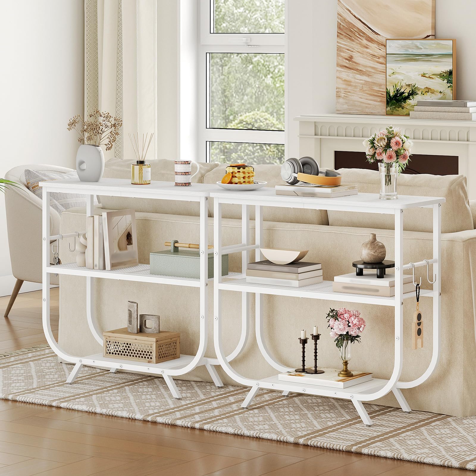 HOOBRO Mesa de Consola de 3 Niveles, Estantería Estrecha con Marco Metálico, 80 x 30 x 74 cm, Mesa Auxiliar para Sofá, Mueble de Entrada con Pies Ajustables y Ganchos, Pasillo, Salón, Blanco EWW63XG01